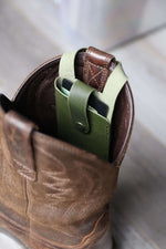 Load image into Gallery viewer, Leather Boot Wallet, Olive, In Boot
