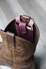 Load image into Gallery viewer, Leather Boot Wallet, Purple, In Boot
