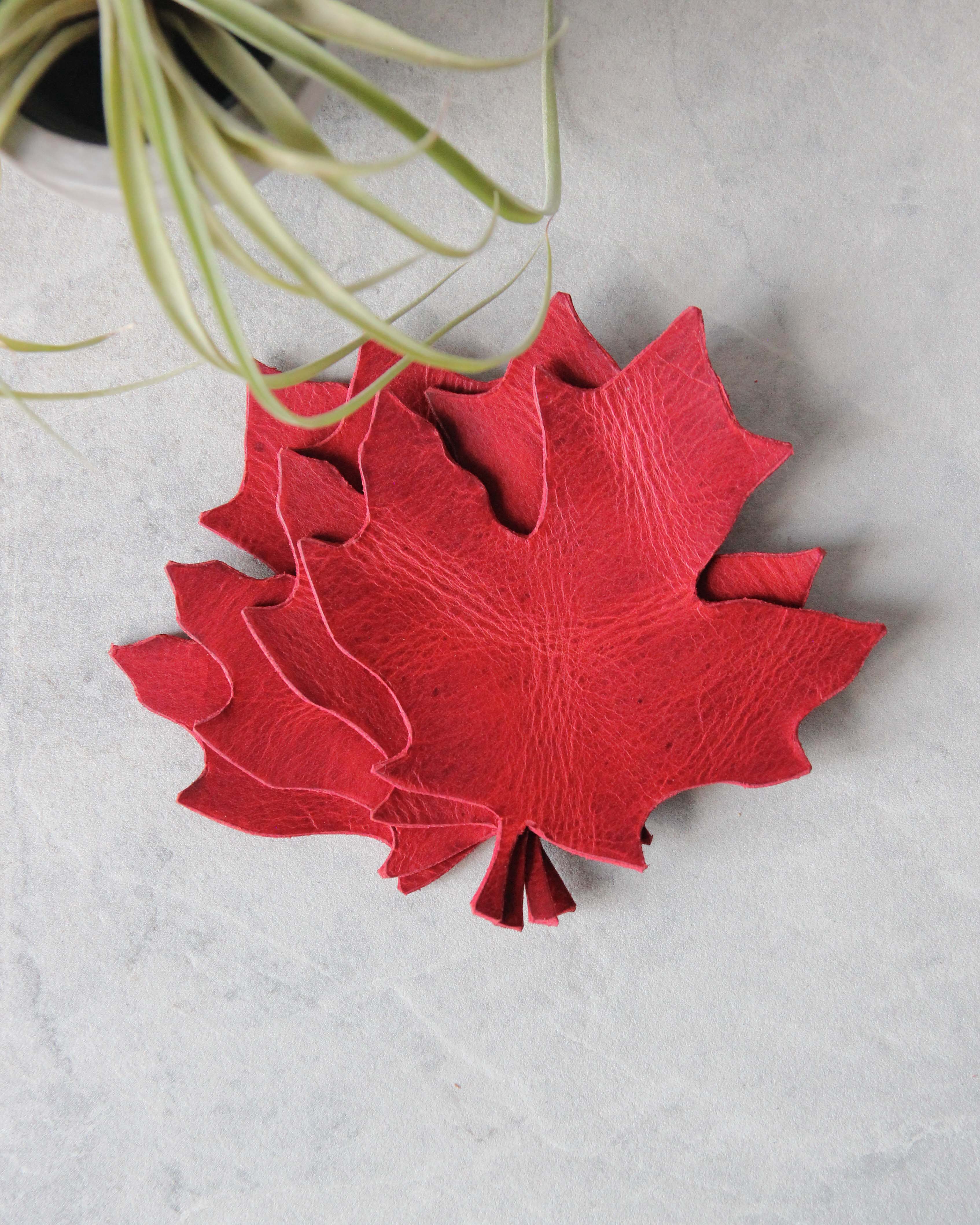 Leaf Leather Coasters, Red, Top View