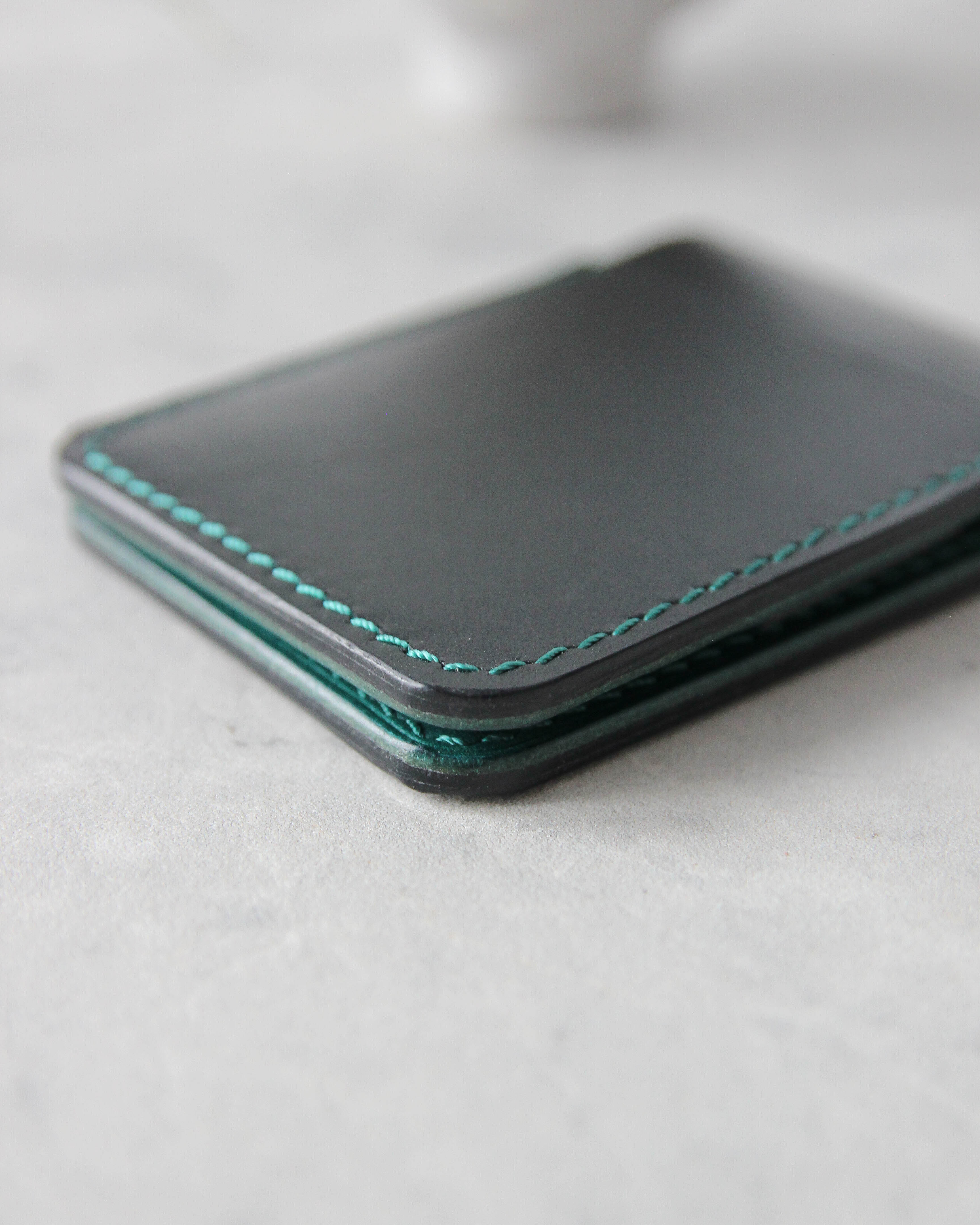 Leather Cardholder, 4 slots, Black and Teal, Detail view