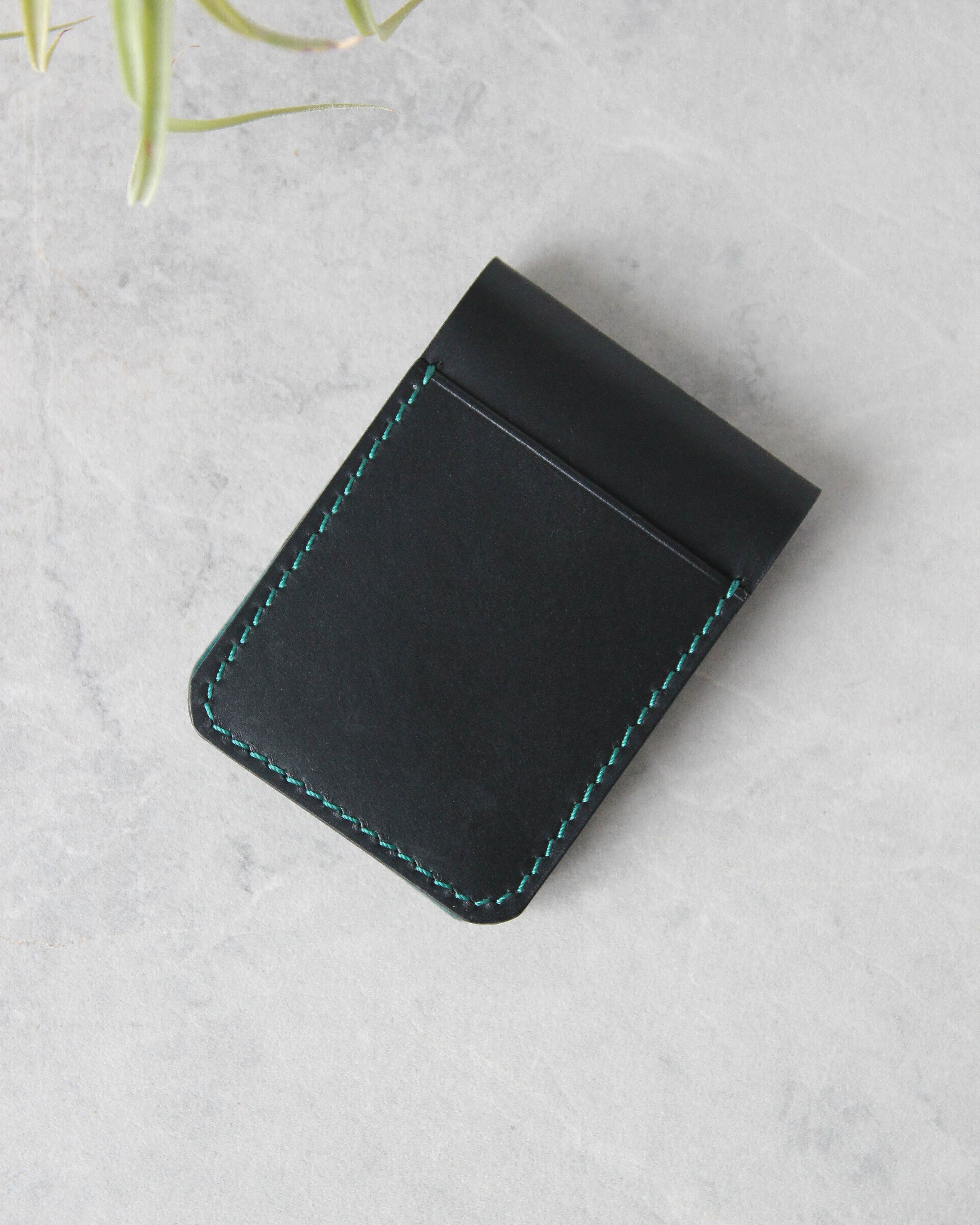 Leather Cardholder, 4 slots, Black and Teal, Front view