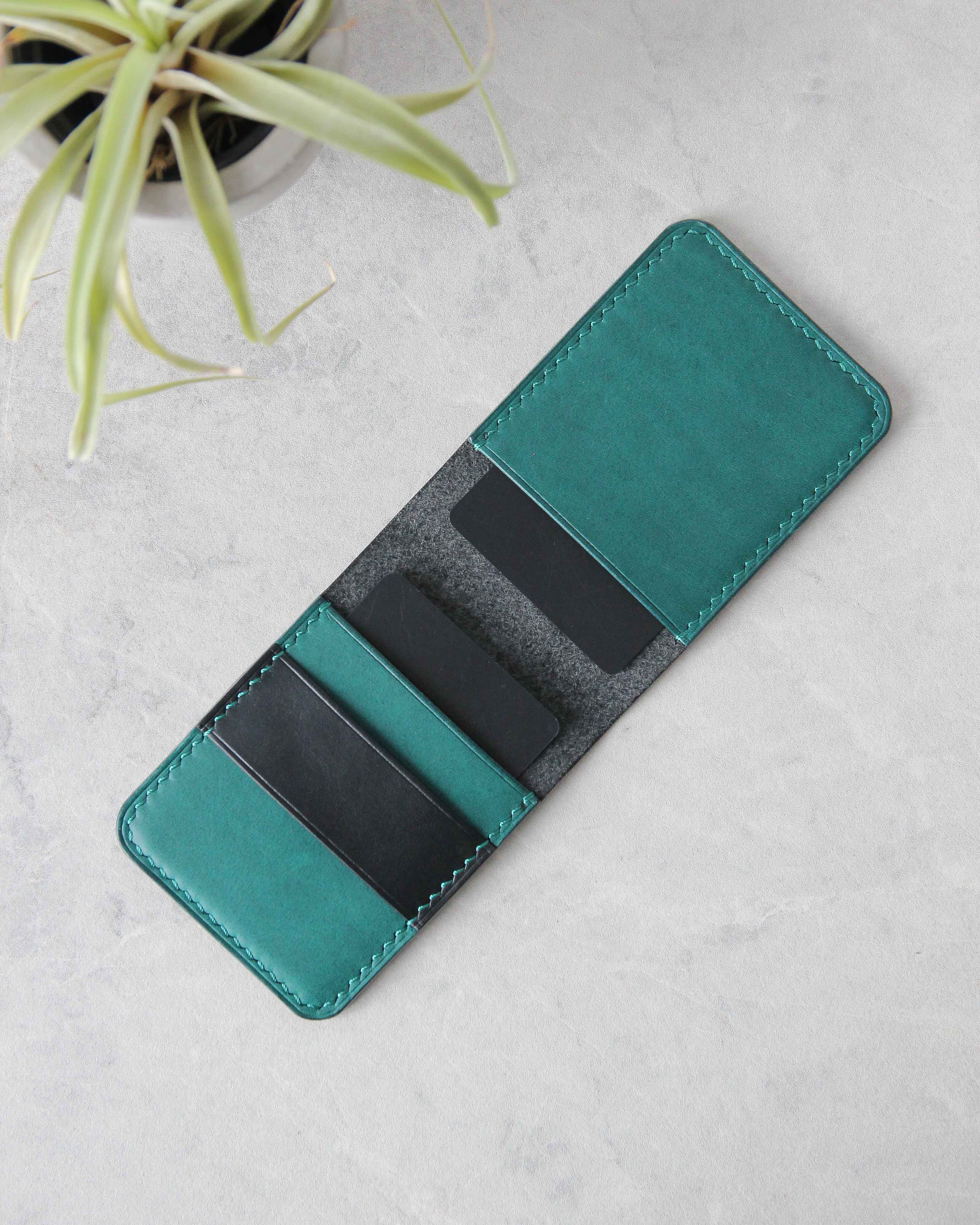 Leather Cardholder, 4 slots, Black and Teal, Top view