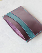 Load image into Gallery viewer, Leather Cardholder, 5 slots, Purple+Teal, Side view
