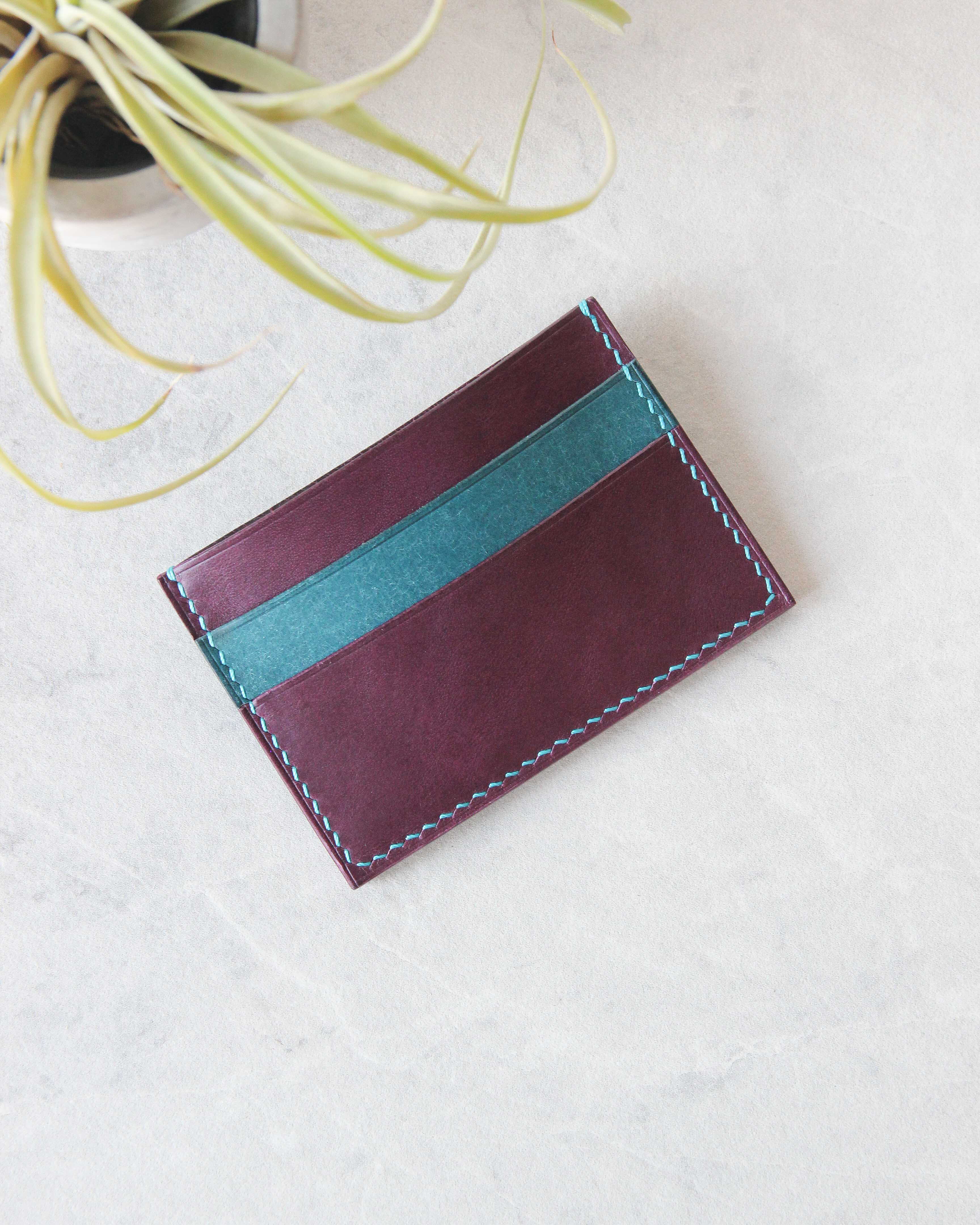 Leather Cardholder, 5 slots, Purple+Teal, Top view