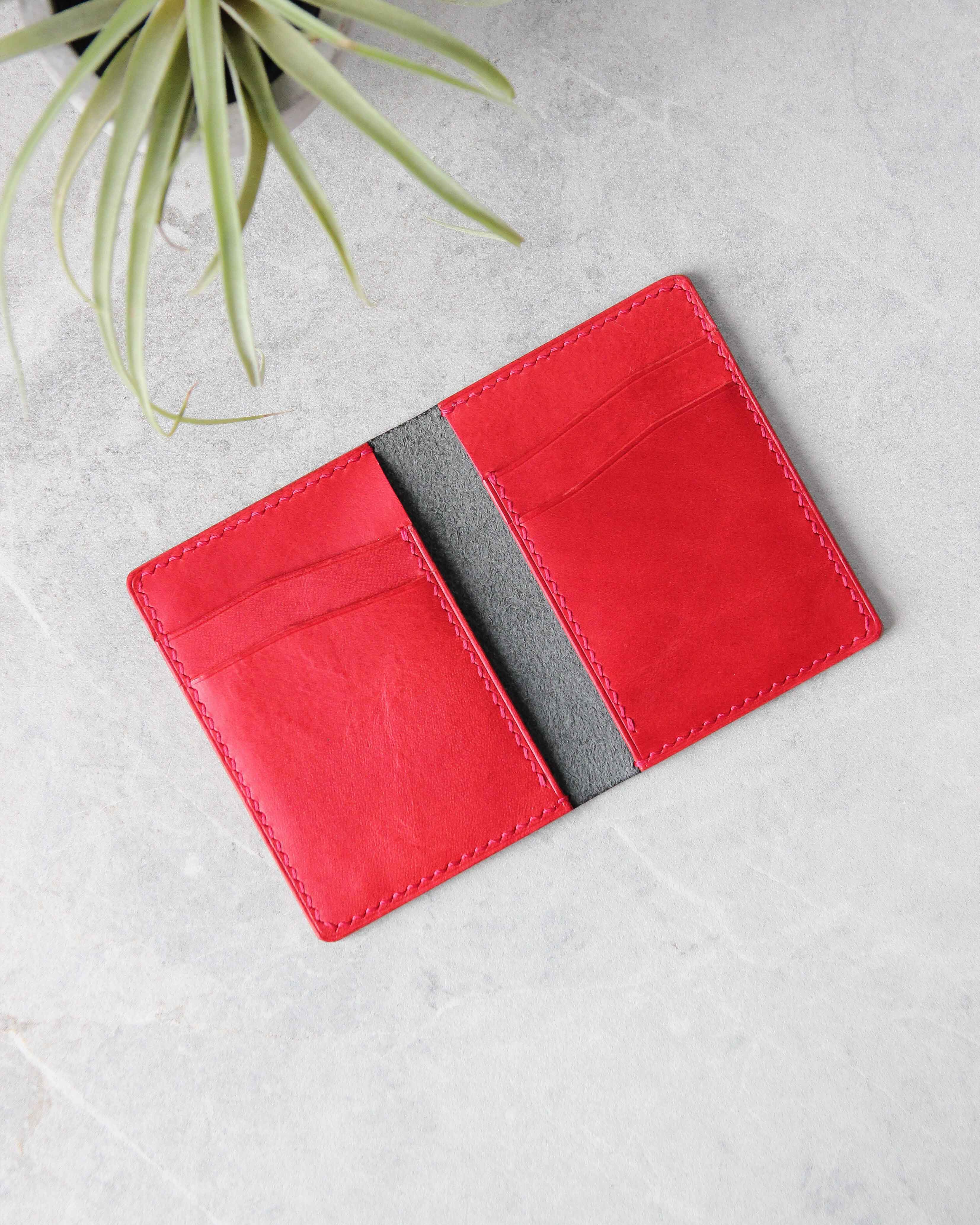 Leather Cardholder, 6 slots, Black and Red, Top View