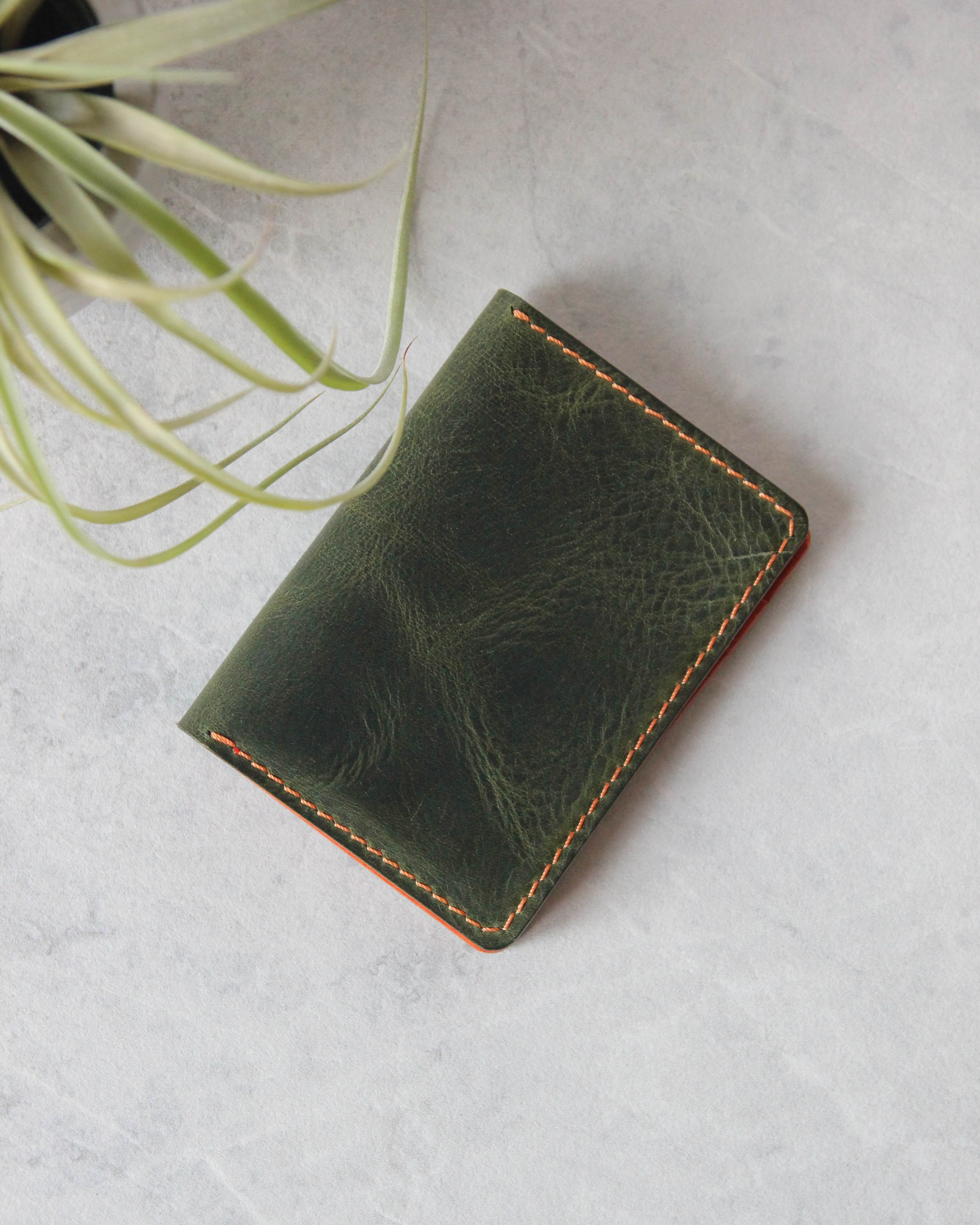 Leather Cardholder, 6 slots, Olive&Orange, Closed View