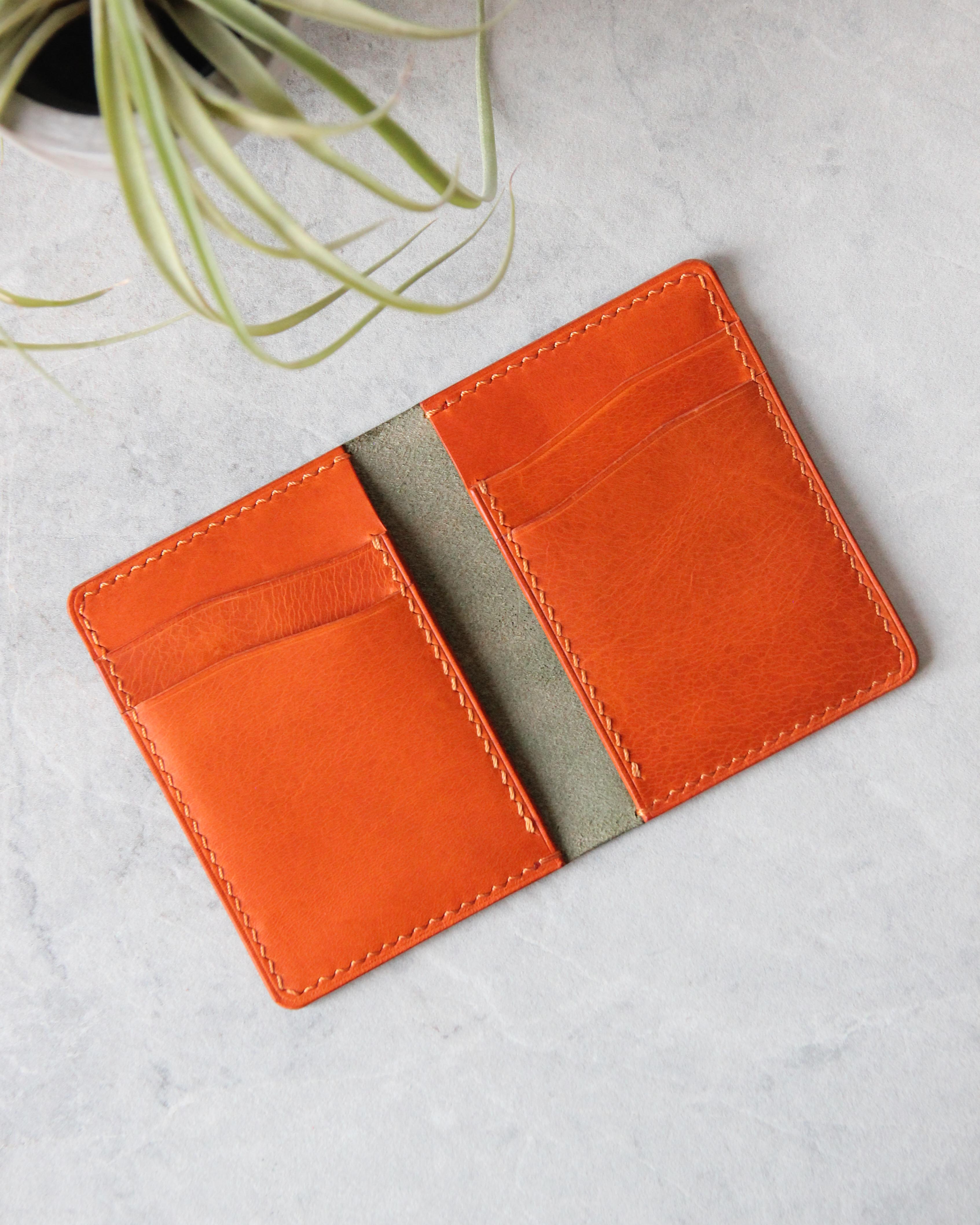 Leather Cardholder, 6 slots, Olive&Orange, Top View