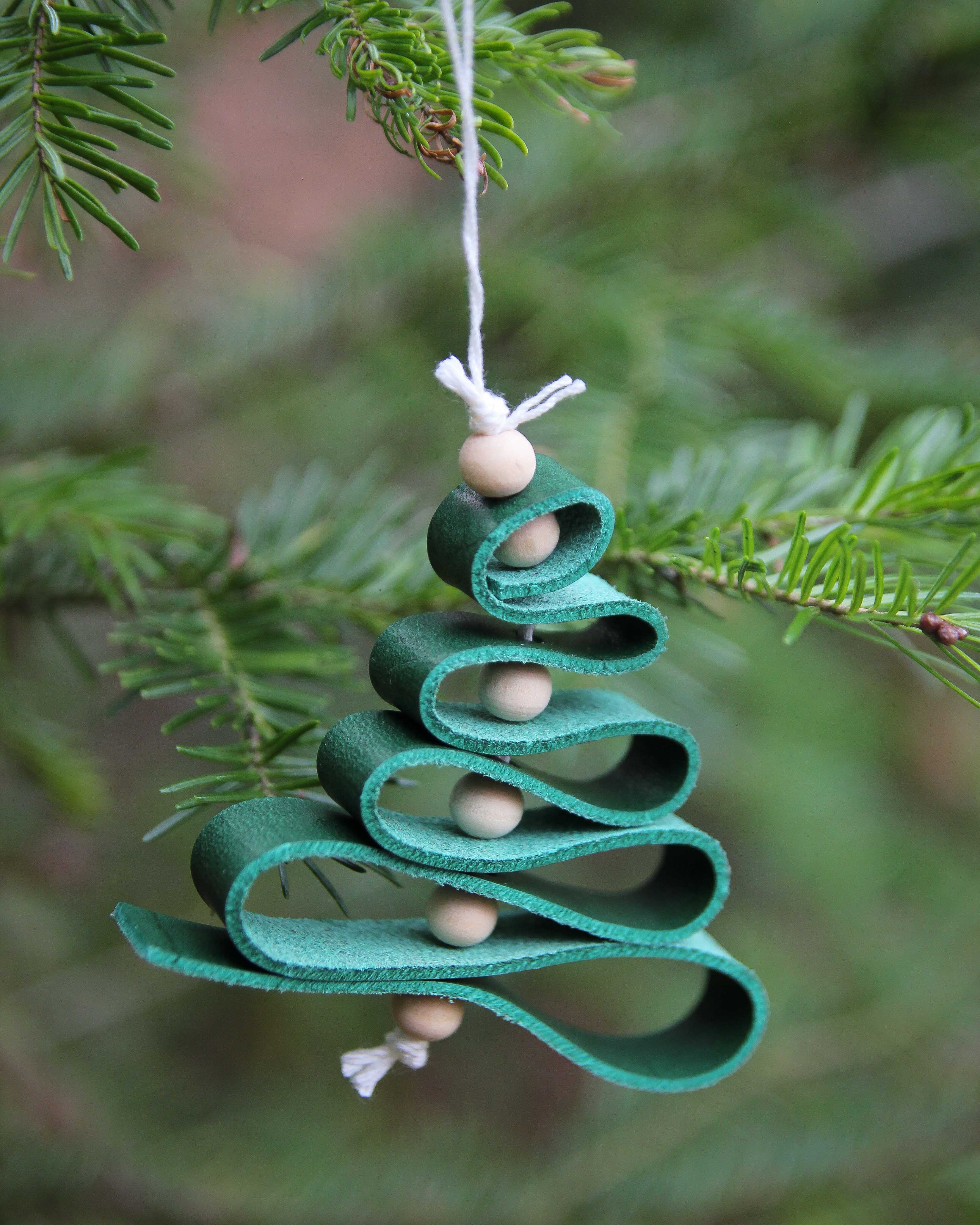 Leather Christmas Decoration, Green, wood beads