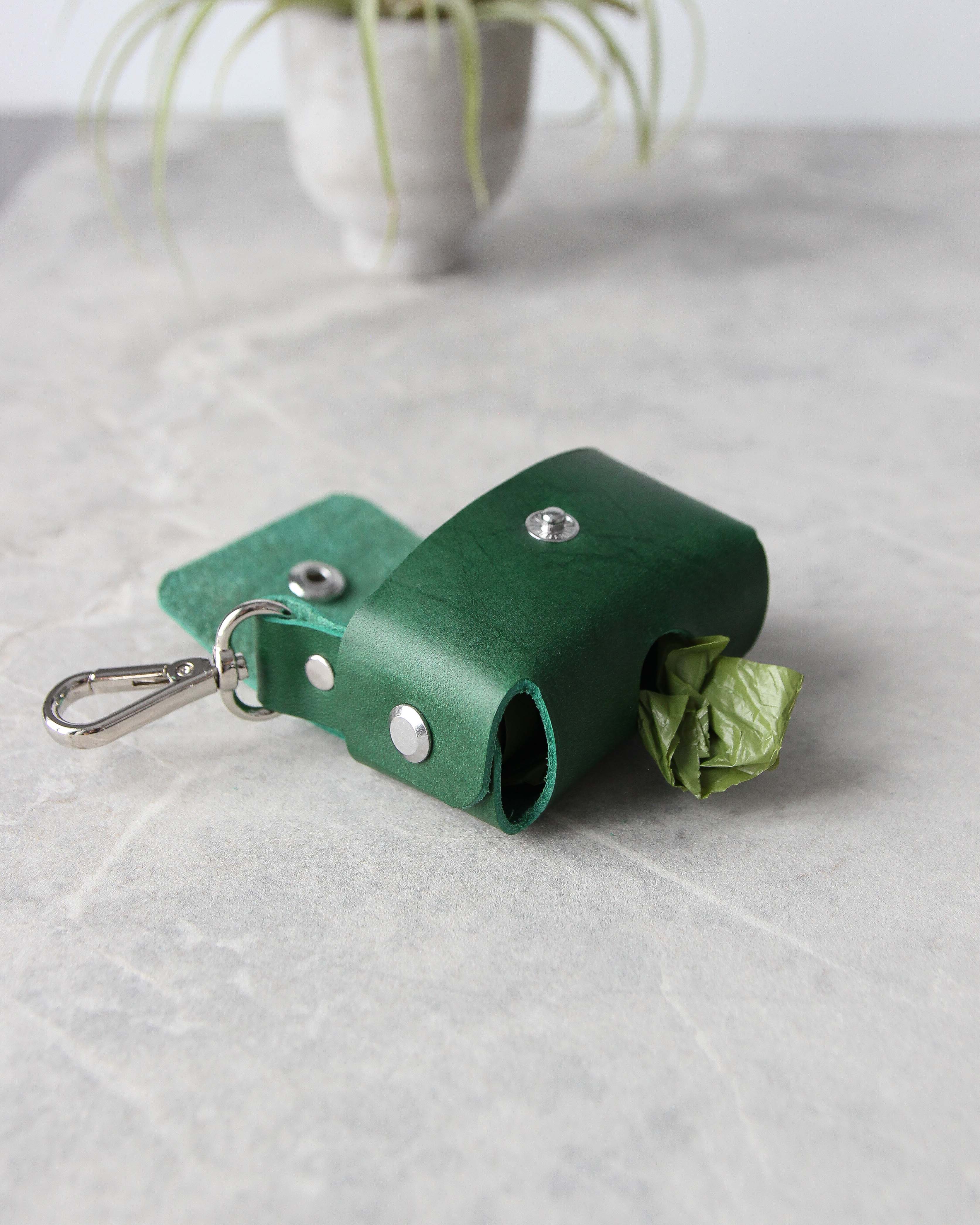 Leather Dog Poop Bag Dispenser, Green, Open view