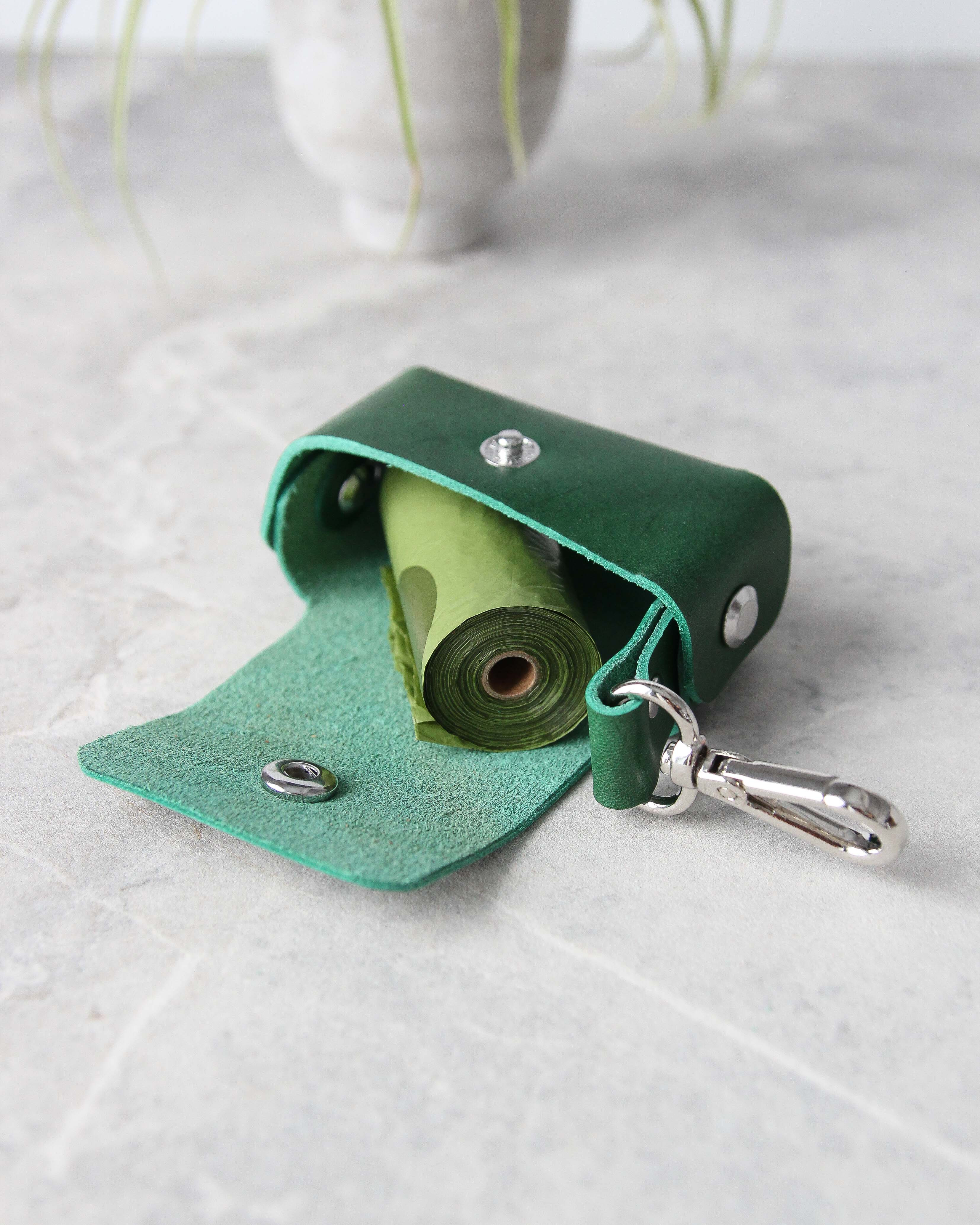 Leather Dog Poop Bag Dispenser, Green, top view