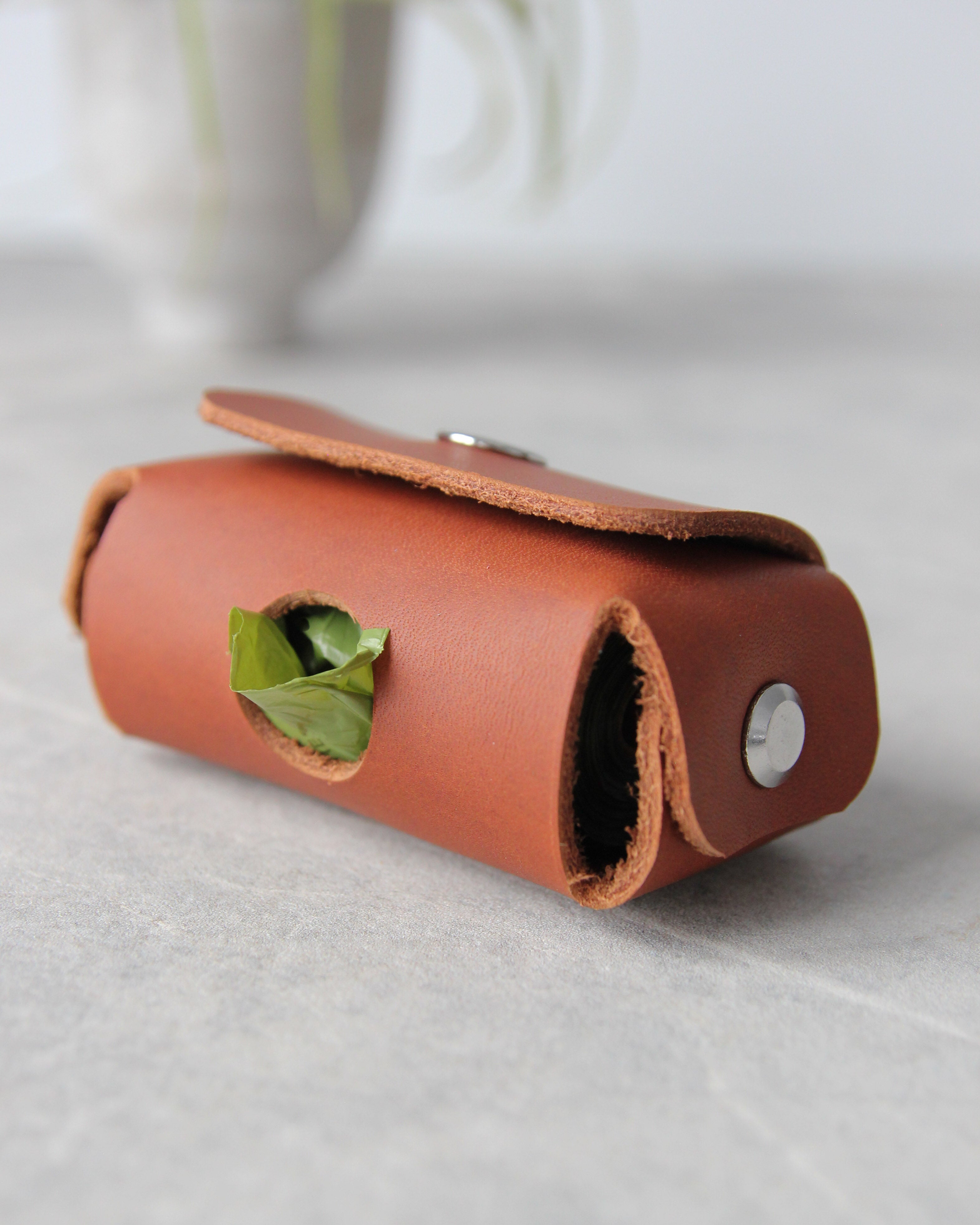 Leather Dog Poop Bag Dispenser, Tan, Bottom View