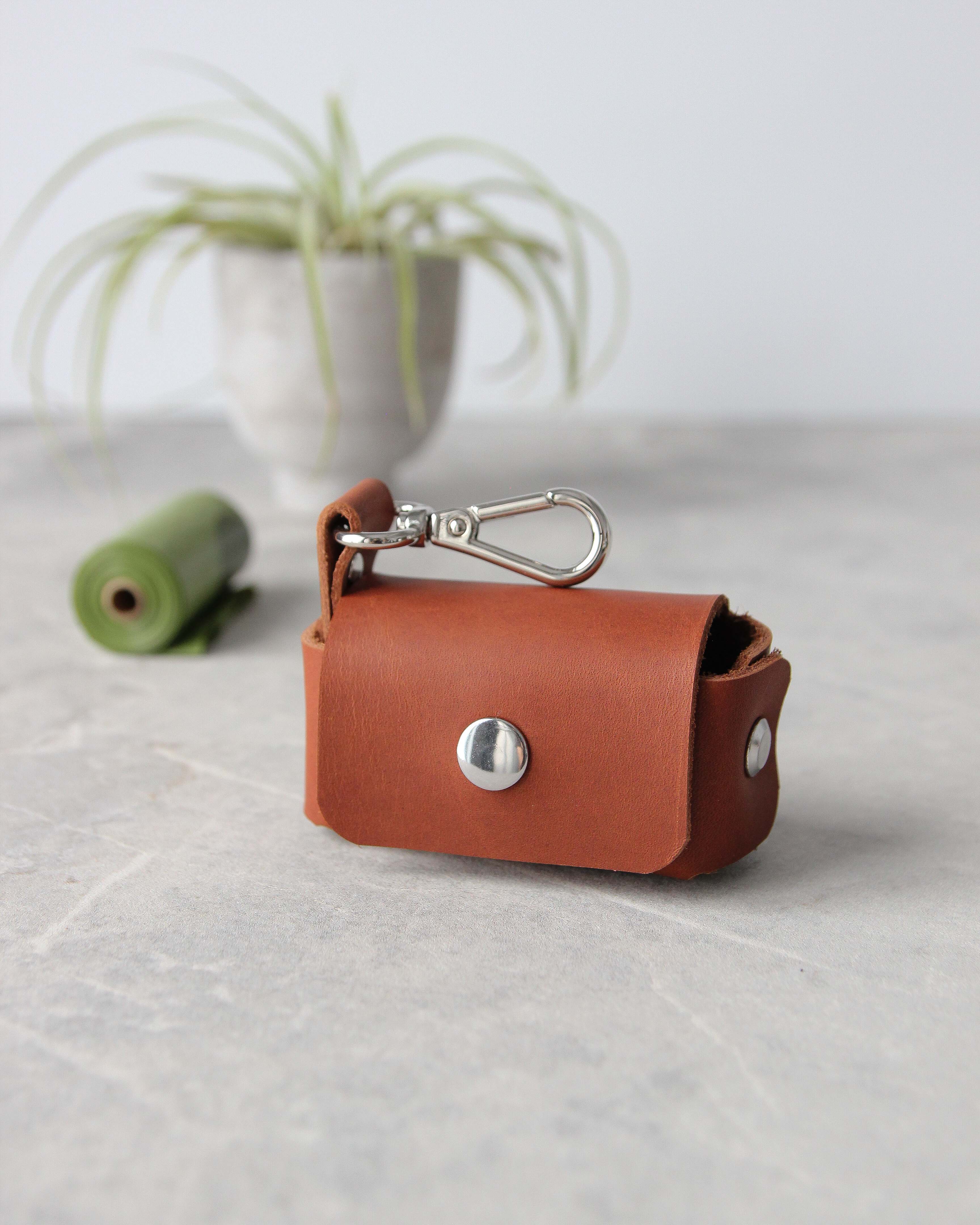 Leather Dog Poop Bag Dispenser, Tan, Side View