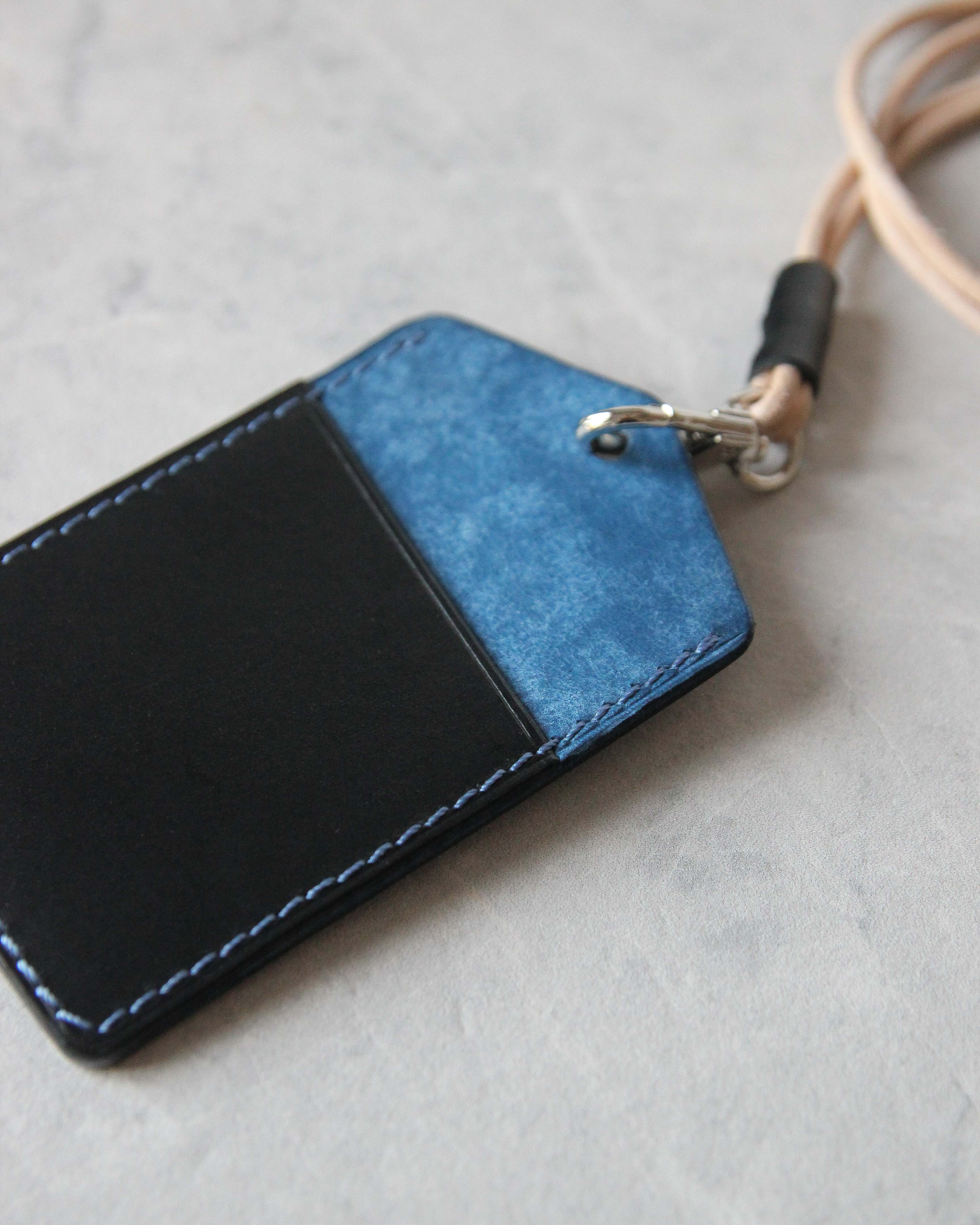 Leather ID Badge Holder, Black and Blue, Back view