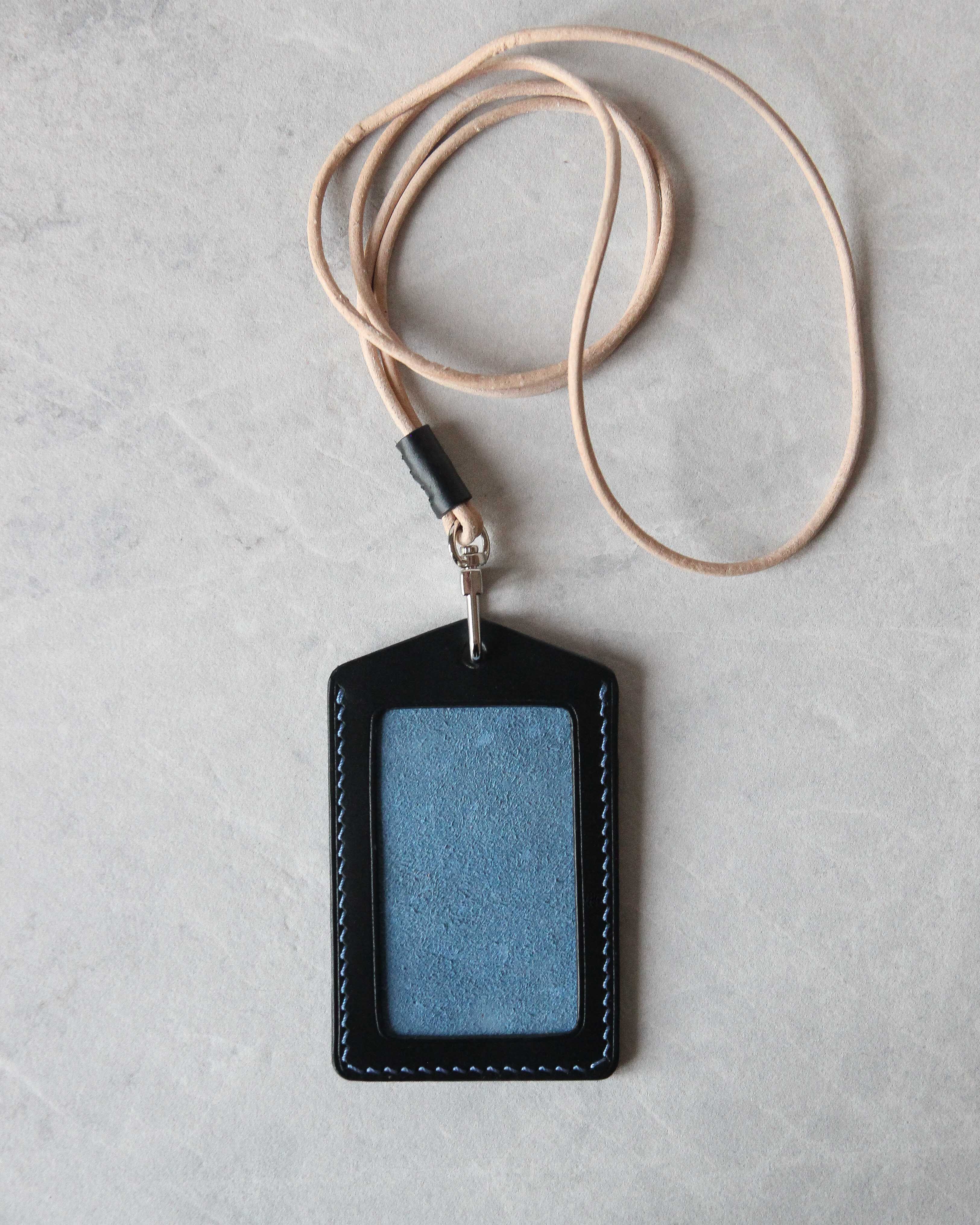 Leather ID Badge Holder, Black and Blue, Top view