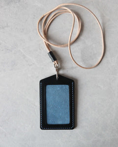 Leather ID Badge Holder, Black and Blue, Top view