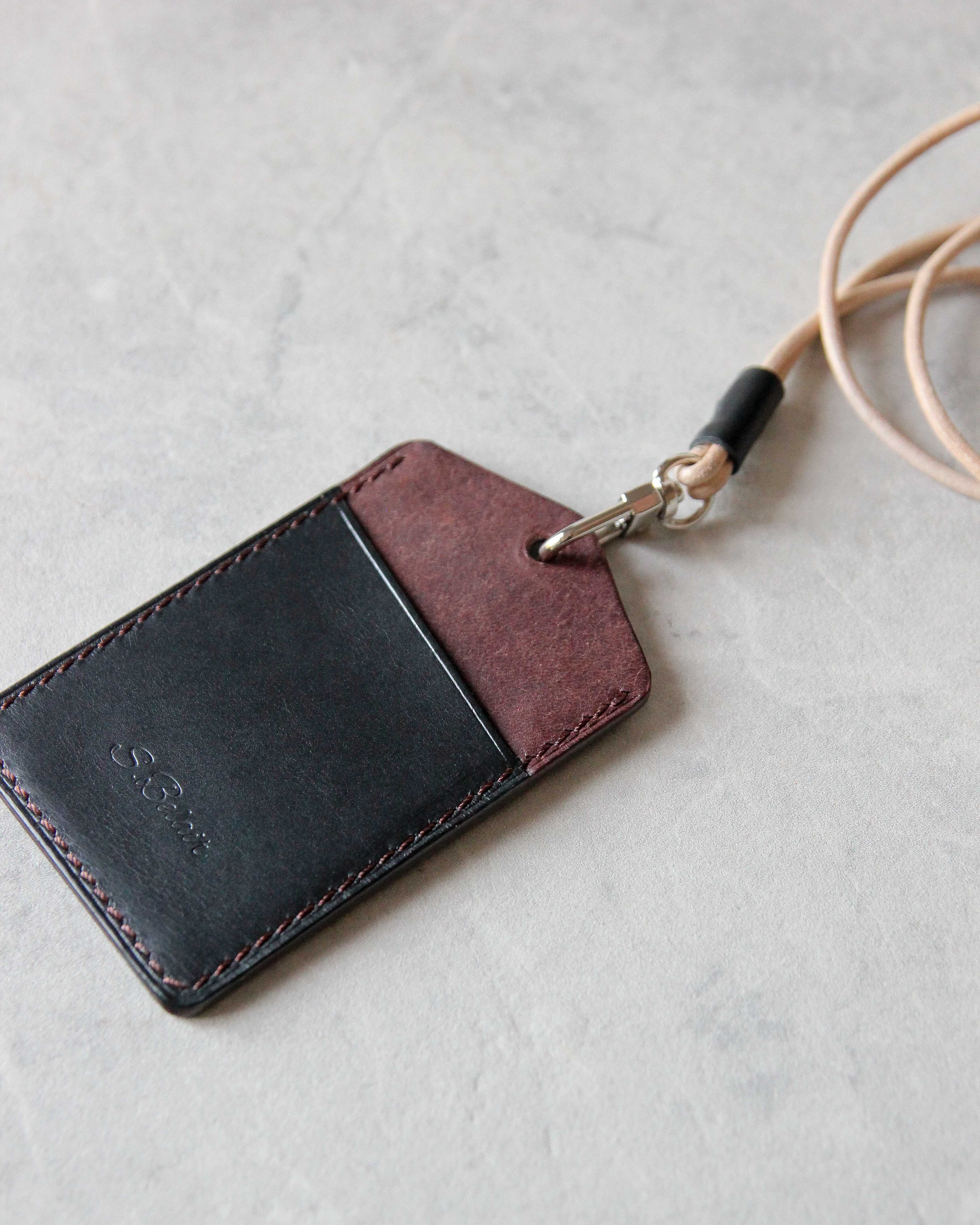 Leather ID Badge Holder, Black and Brown, Back view