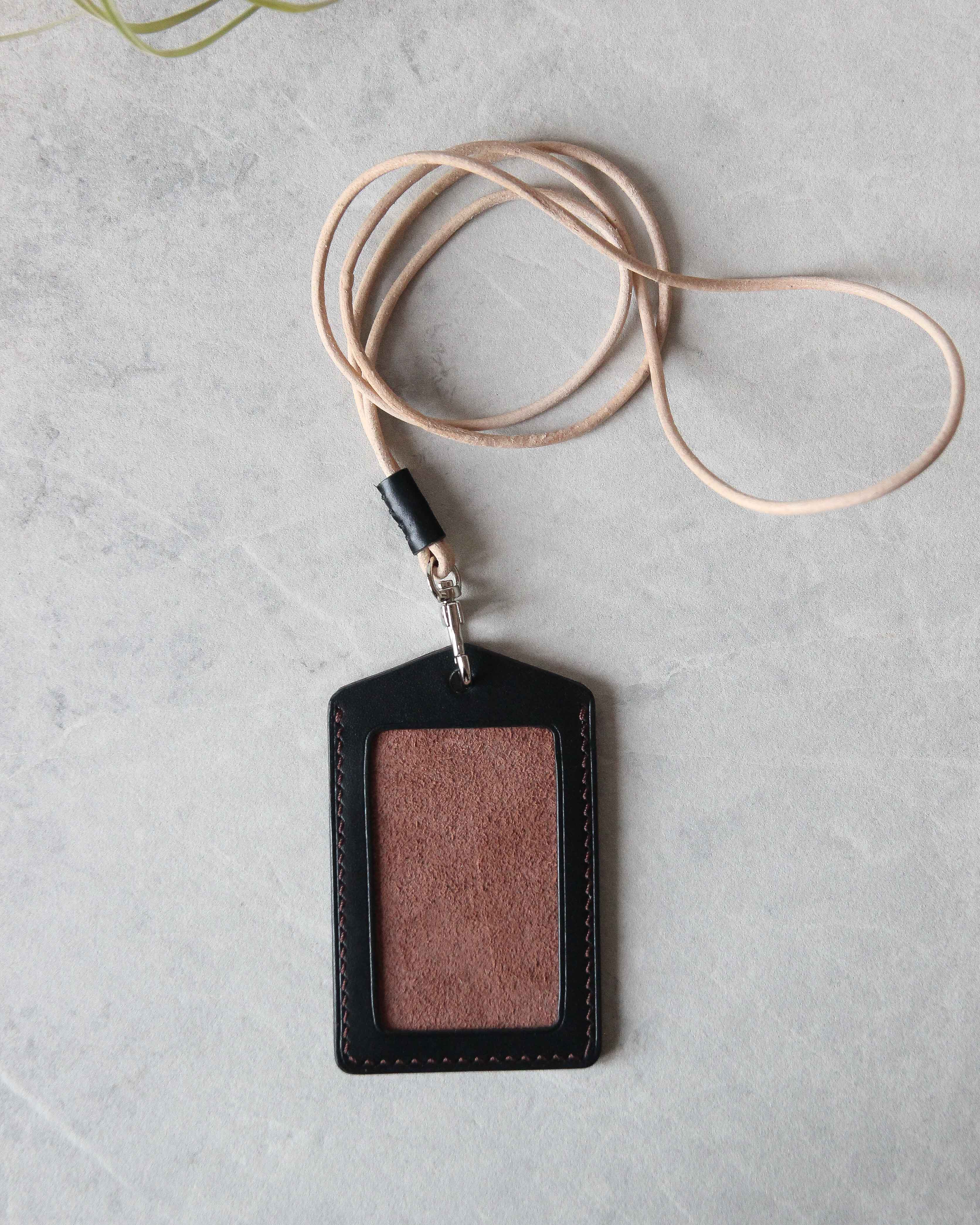 Leather ID Badge Holder, Black and Brown, Top view