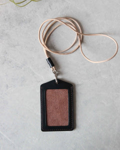 Leather ID Badge Holder, Black and Brown, Top view