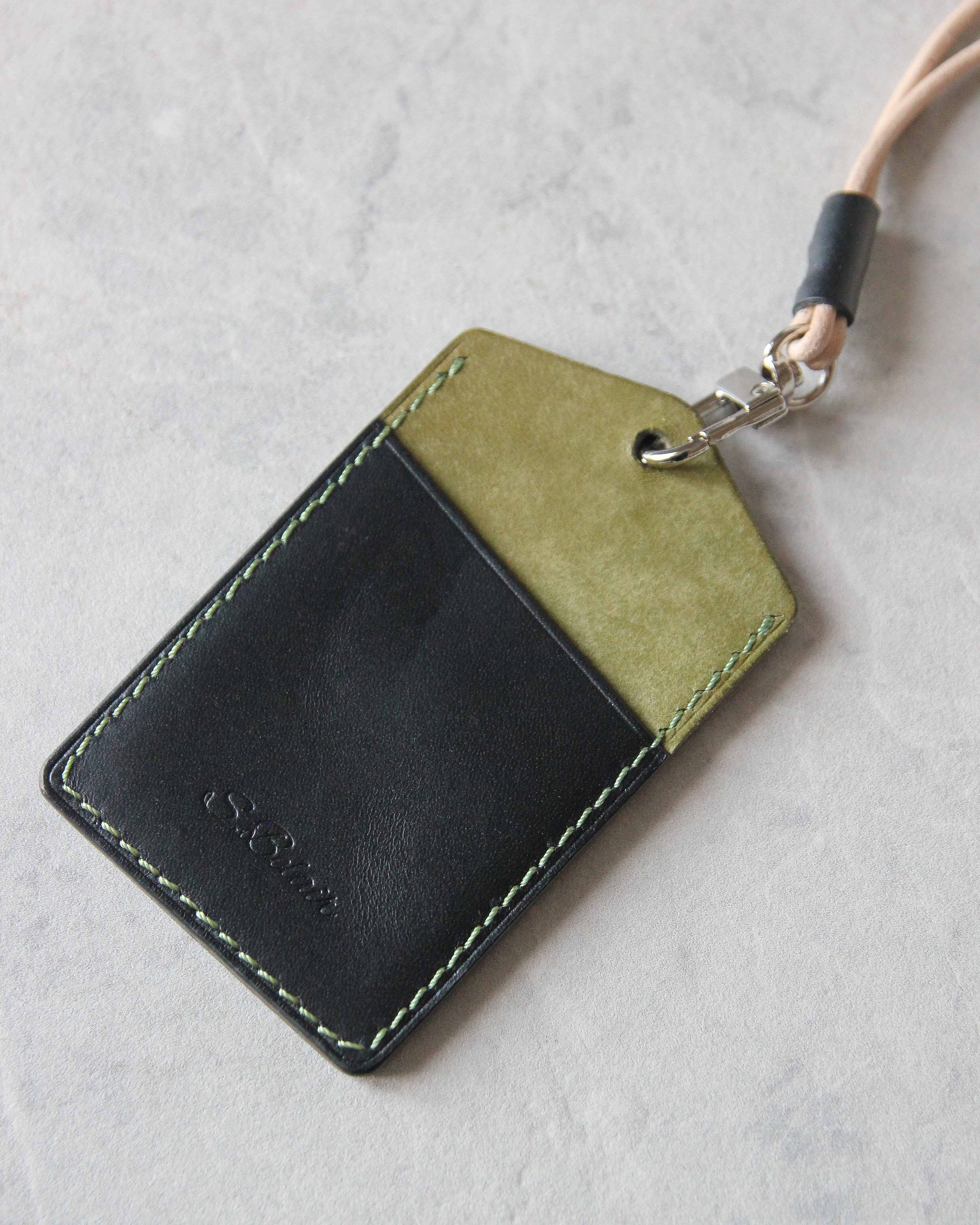 Leather ID Badge Holder, Black and Green, Back view