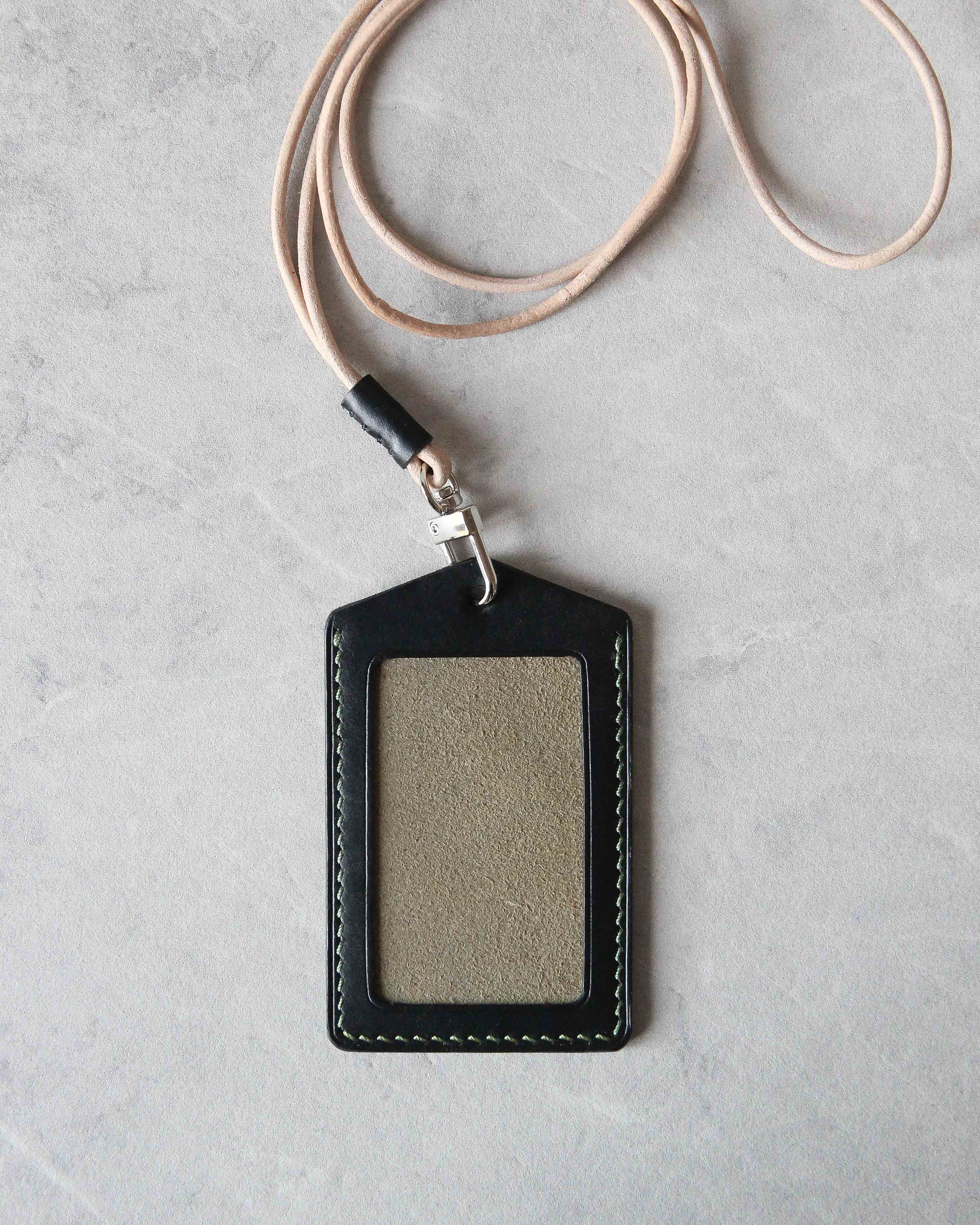 Leather ID Badge Holder, Black and Green, Top view
