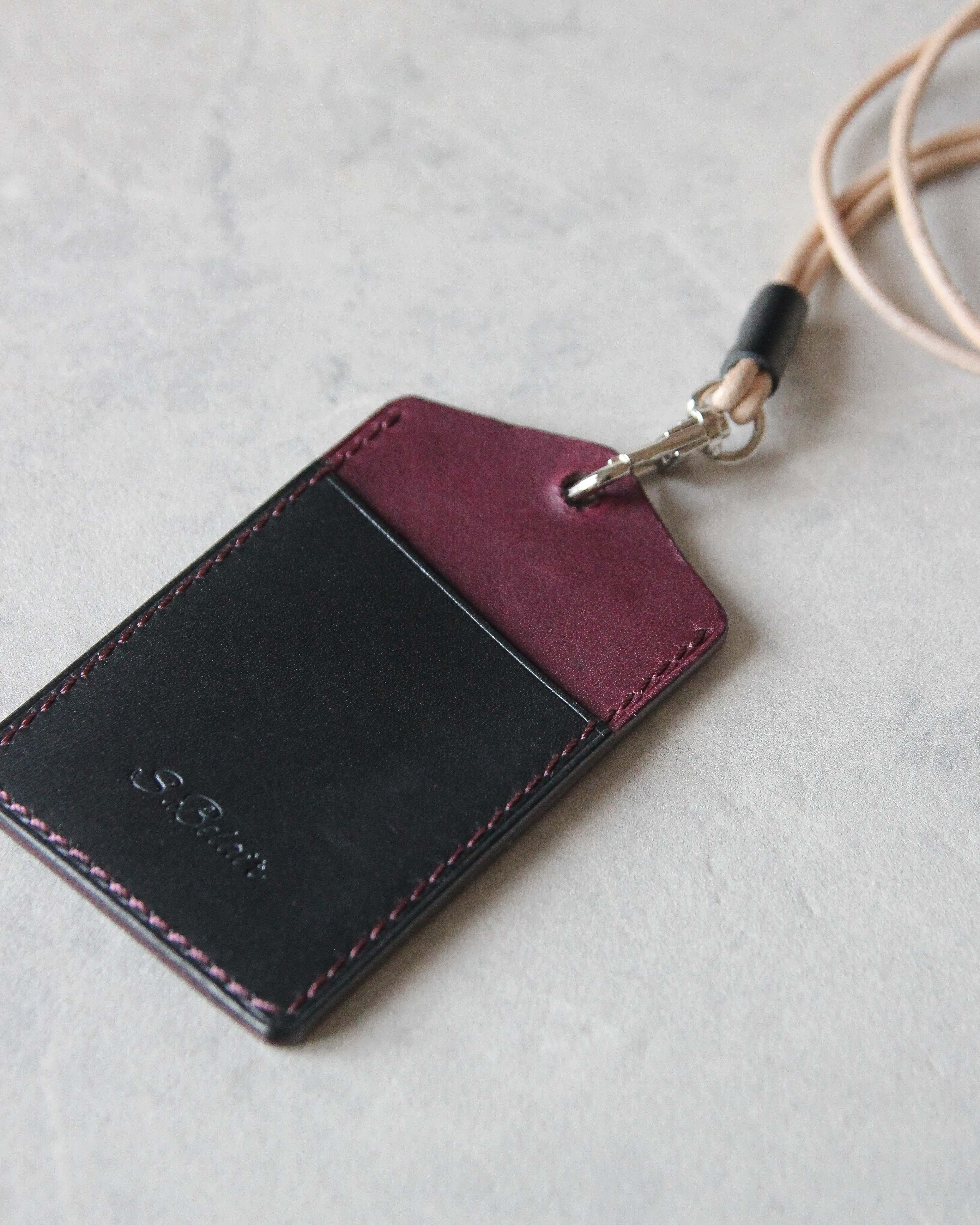 Leather ID Badge Holder, Black and Purple, Back view