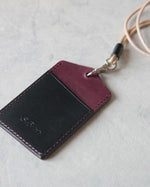 Load image into Gallery viewer, Leather ID Badge Holder, Black and Purple, Back view
