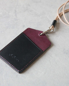 Leather ID Badge Holder, Black and Purple, Back view