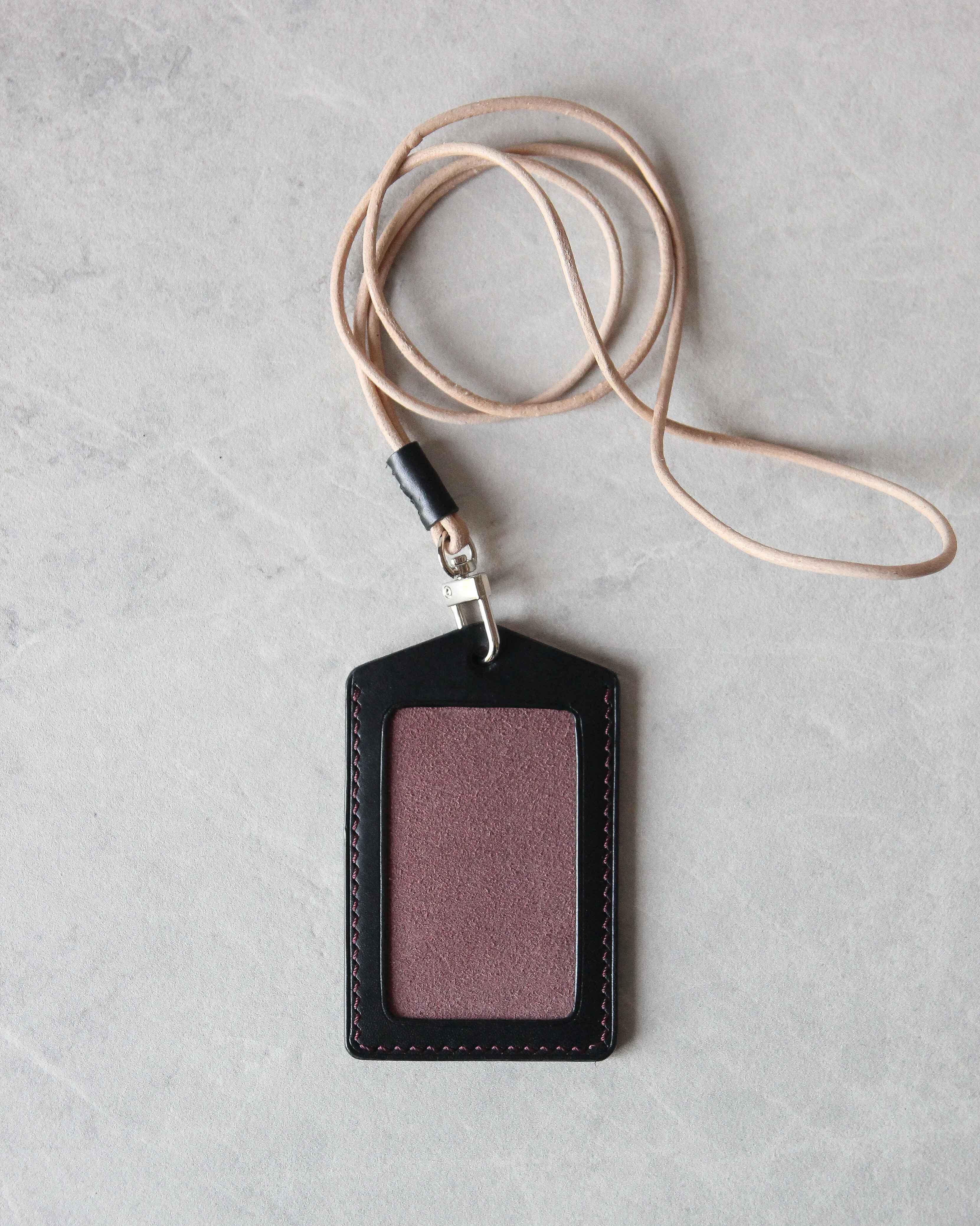 Leather ID Badge Holder, Black and Purple, Top view
