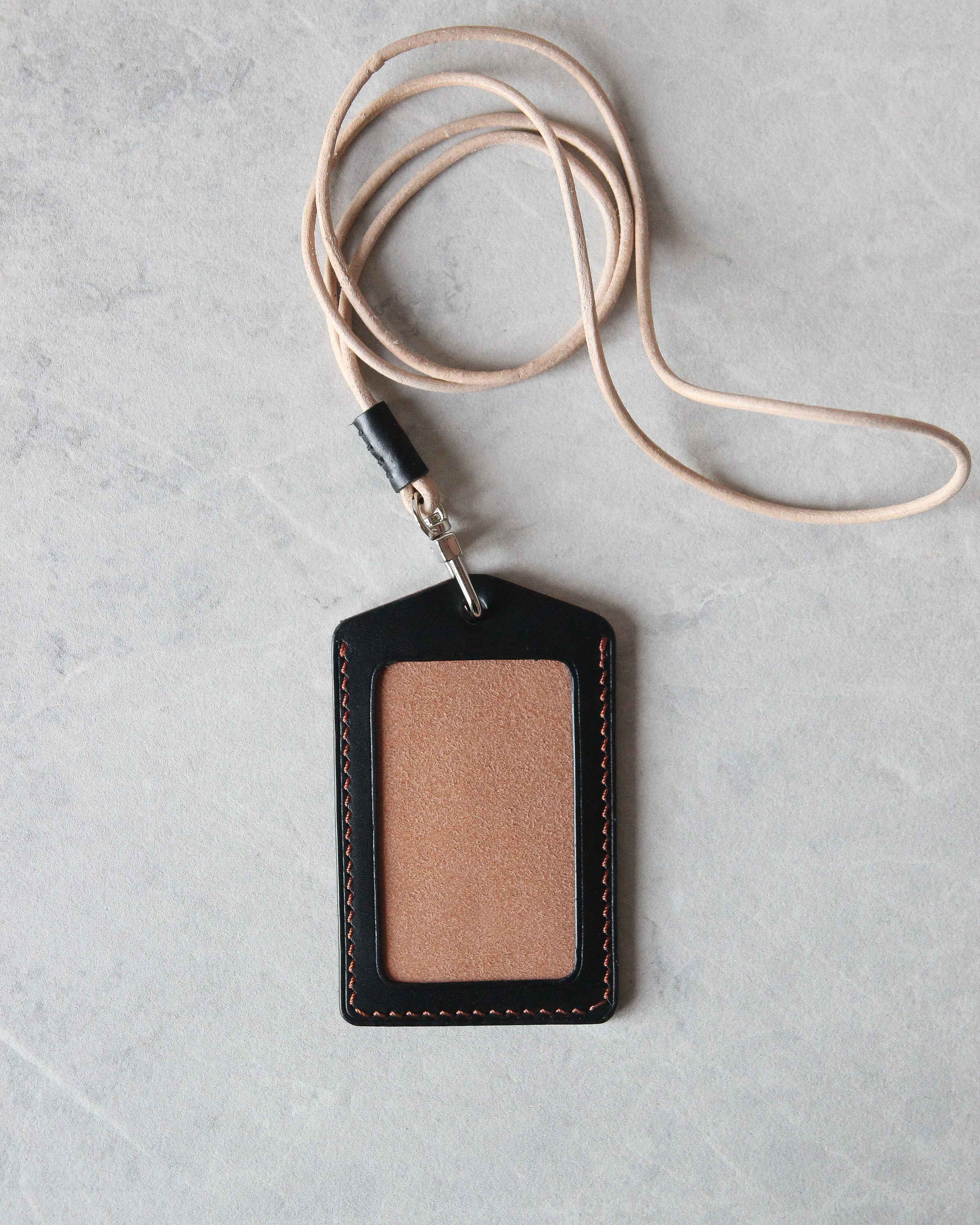 Leather ID Badge Holder, Black and Tan, Top view