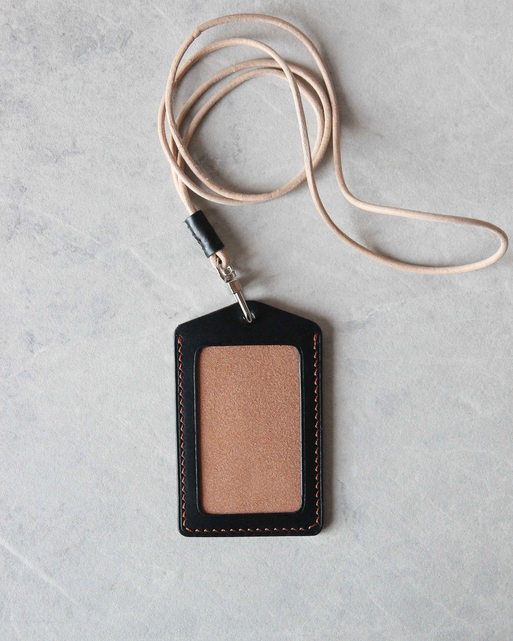 Leather ID Badge Holder, Black and Tan, Top view