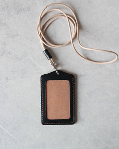 Leather ID Badge Holder, Black and Tan, Top view