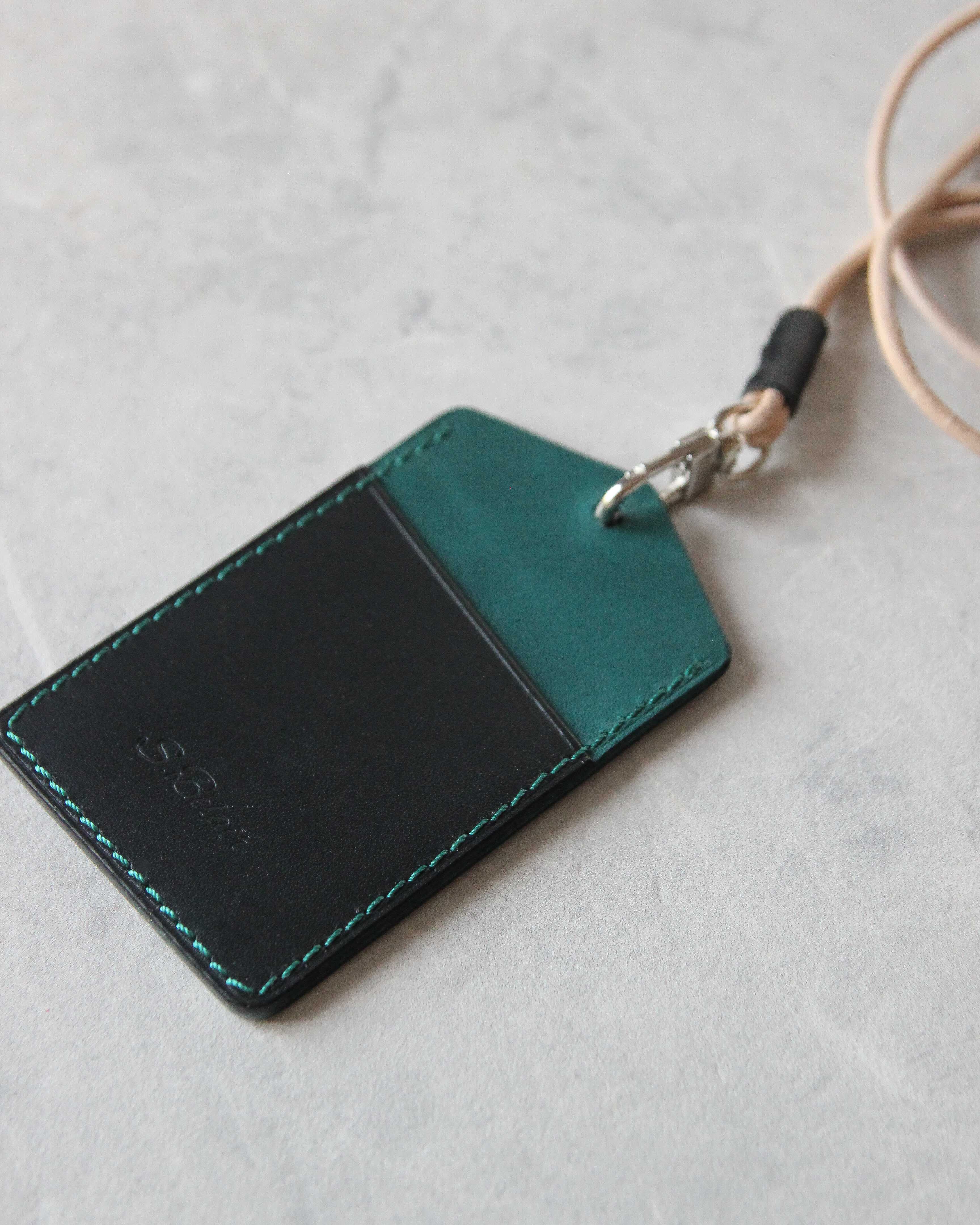 Leather ID Badge Holder, Black and Teal, Back view