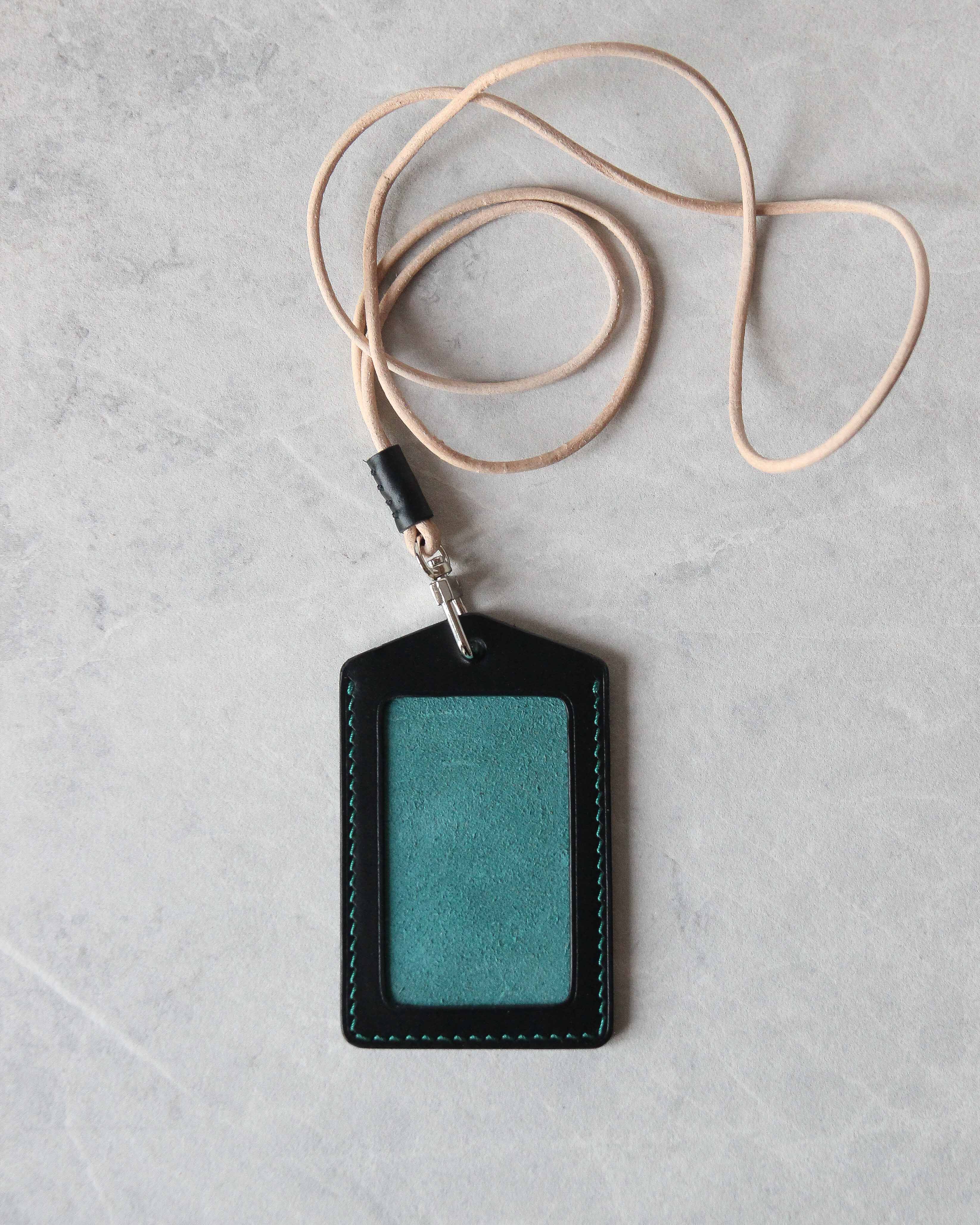 Leather ID Badge Holder, Black and Teal, Top view
