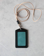 Load image into Gallery viewer, Leather ID Badge Holder, Black and Teal, Top view
