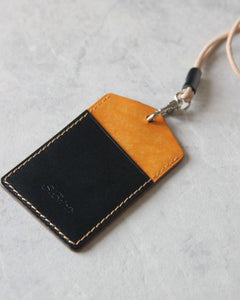 Leather ID Badge Holder, Black and Yellow, Back view