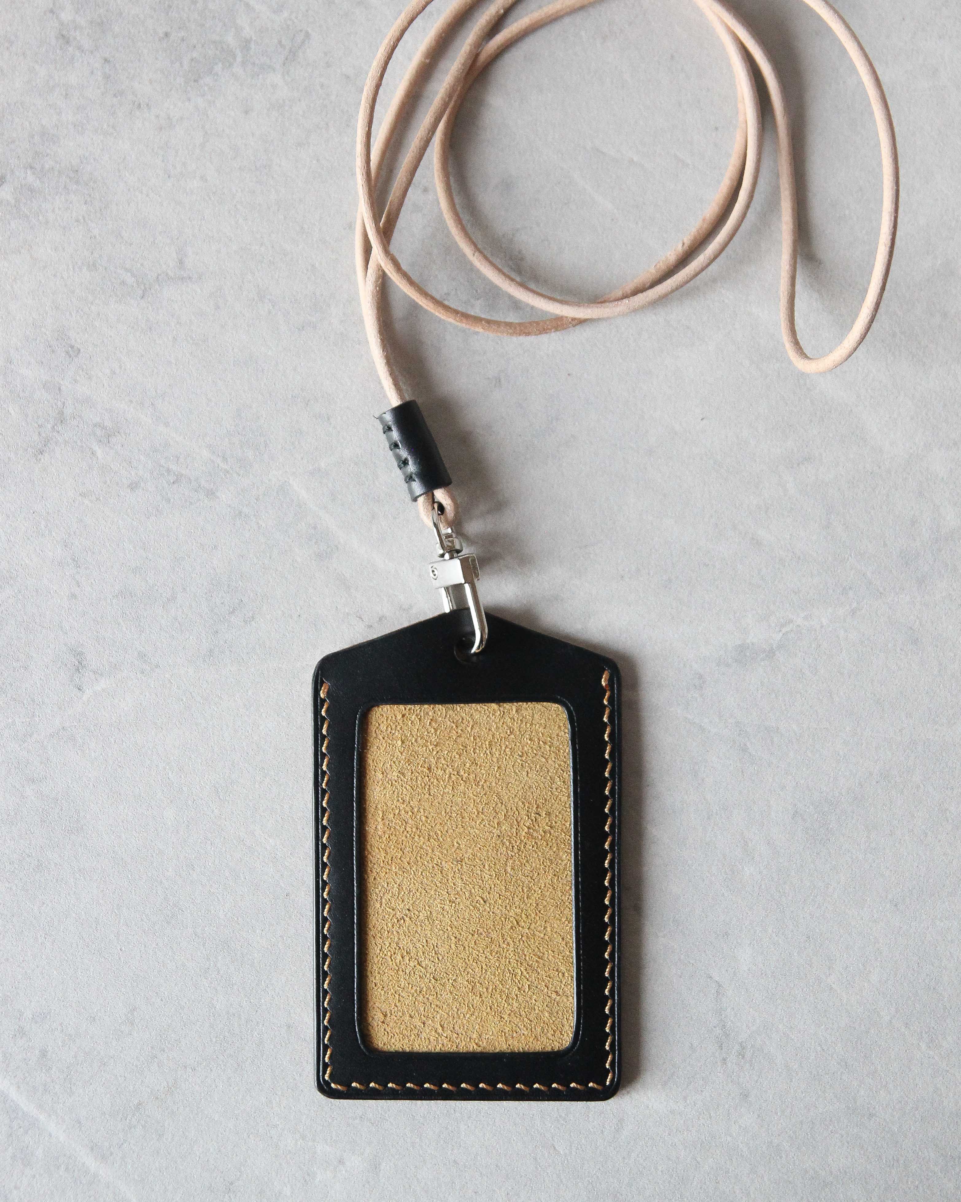 Leather ID Badge Holder, Black and Yellow, Top view