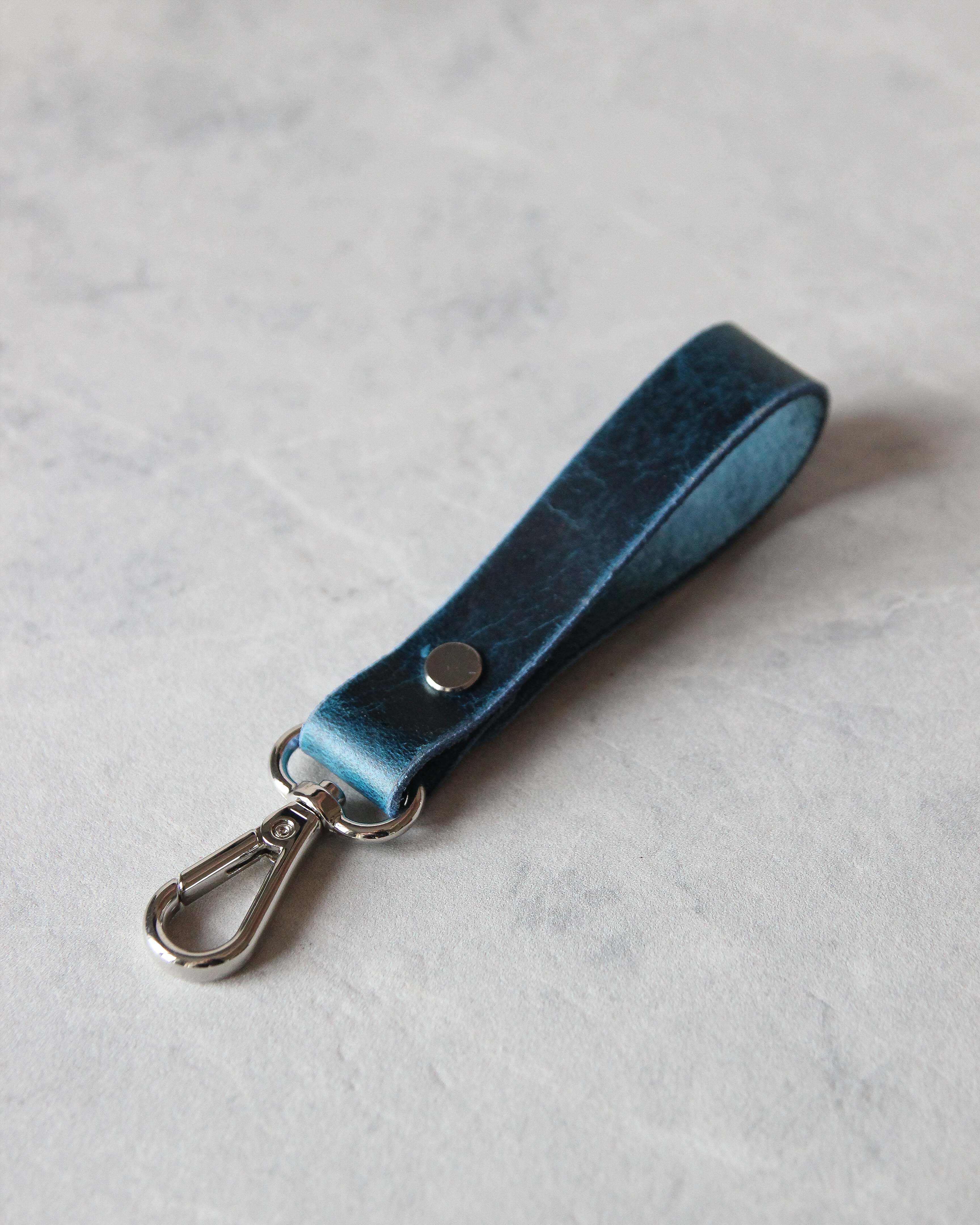 Leather Keyring, Blue Leather, Silver Hardware