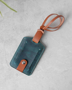 Leather Luggage Tag, Blue and Tan, Front View