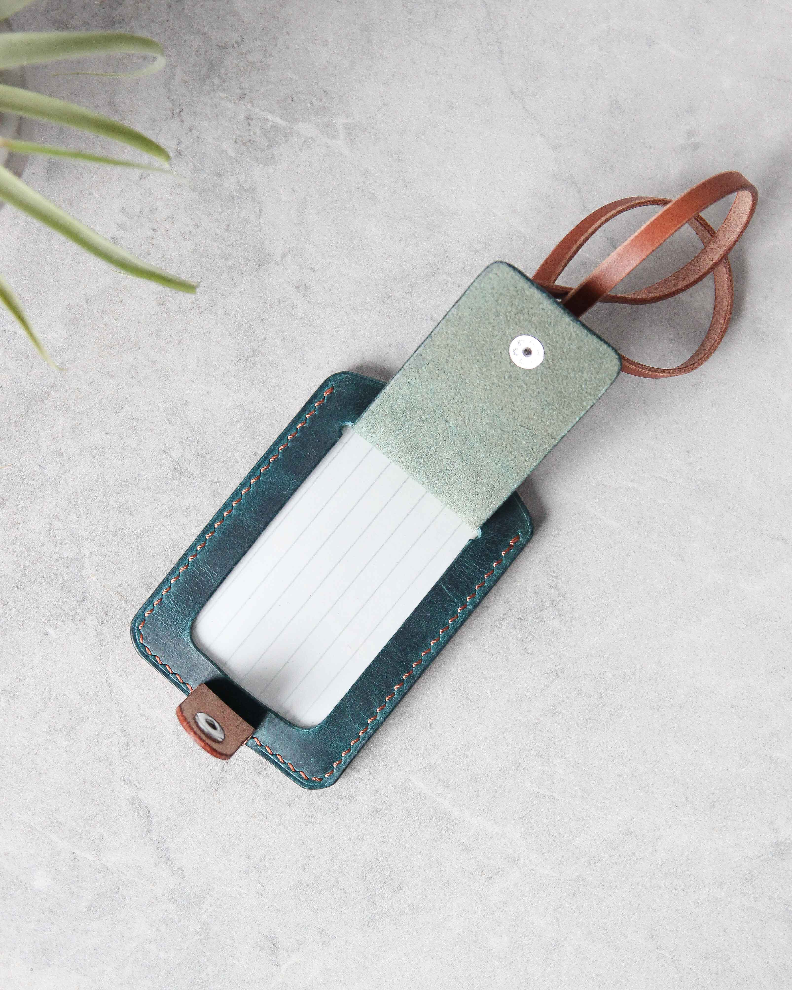 Leather Luggage Tag, Blue and Tan, Open View