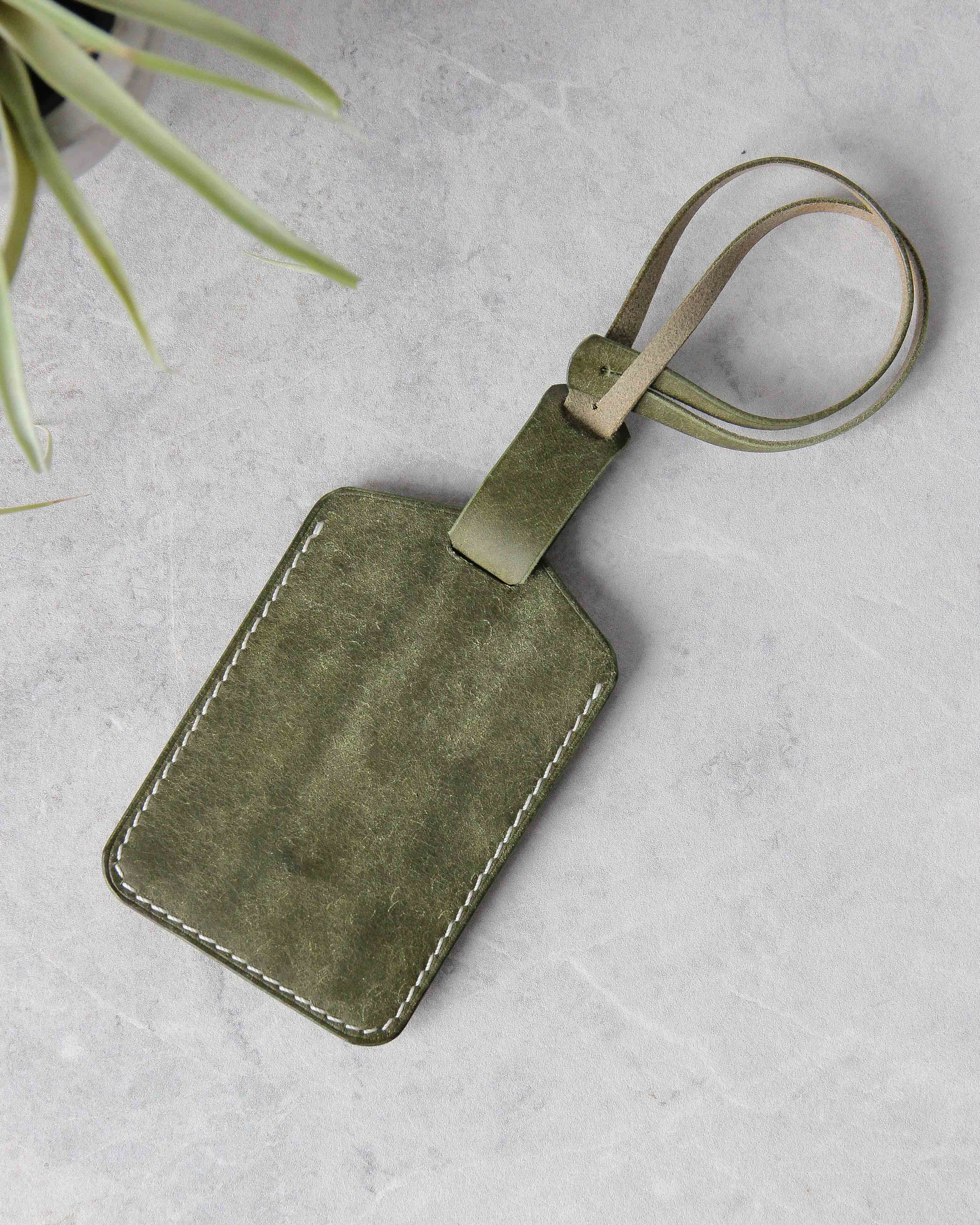 Leather Luggage Tag, Tan and Green, Back View