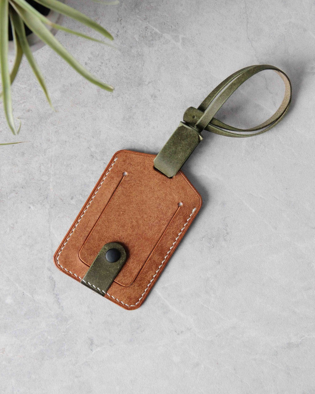 Leather Luggage Tag, Tan and Green, Front View