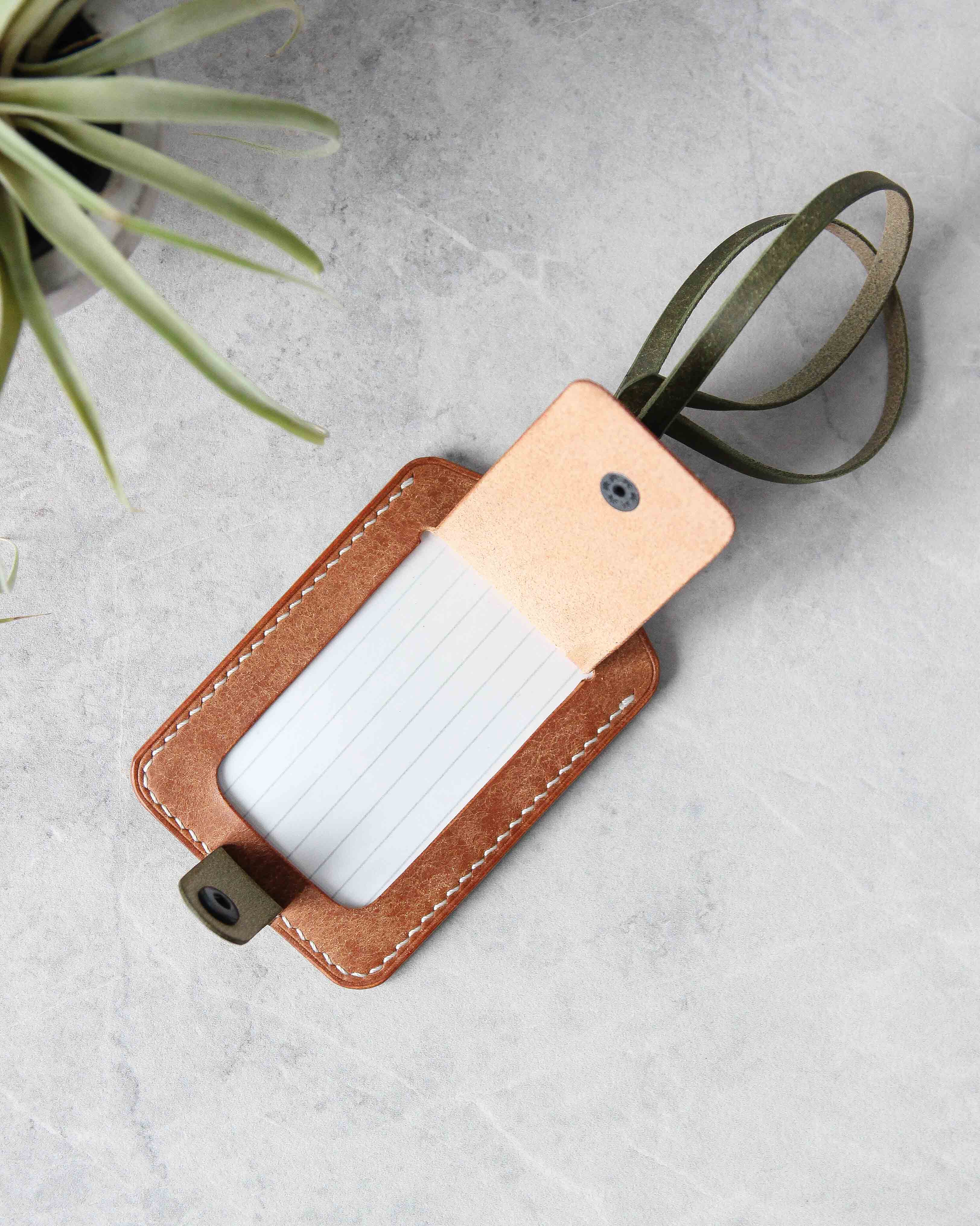 Leather Luggage Tag, Tan and Green, Open View