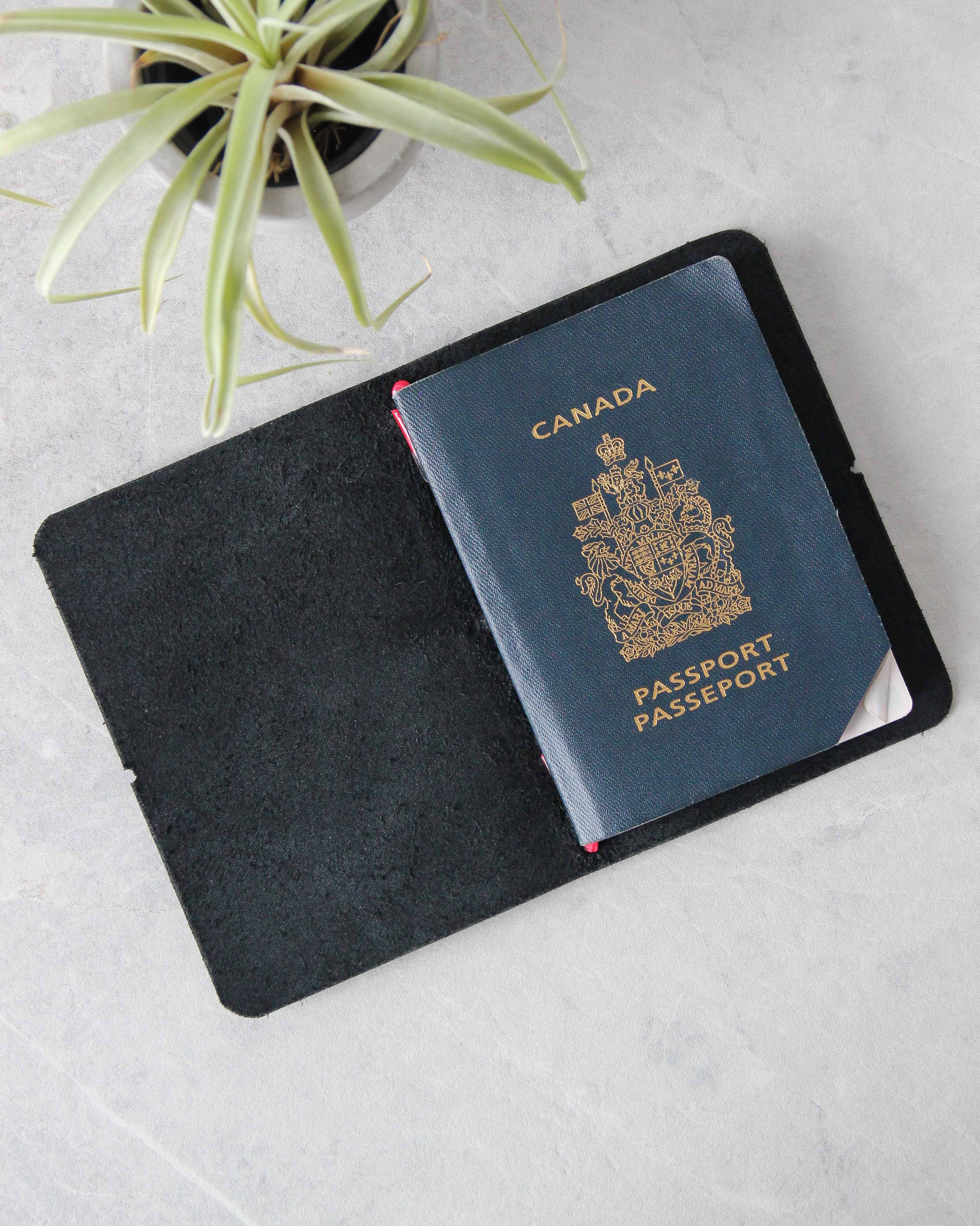 Leather Passport Cover, Black and Red, Open View