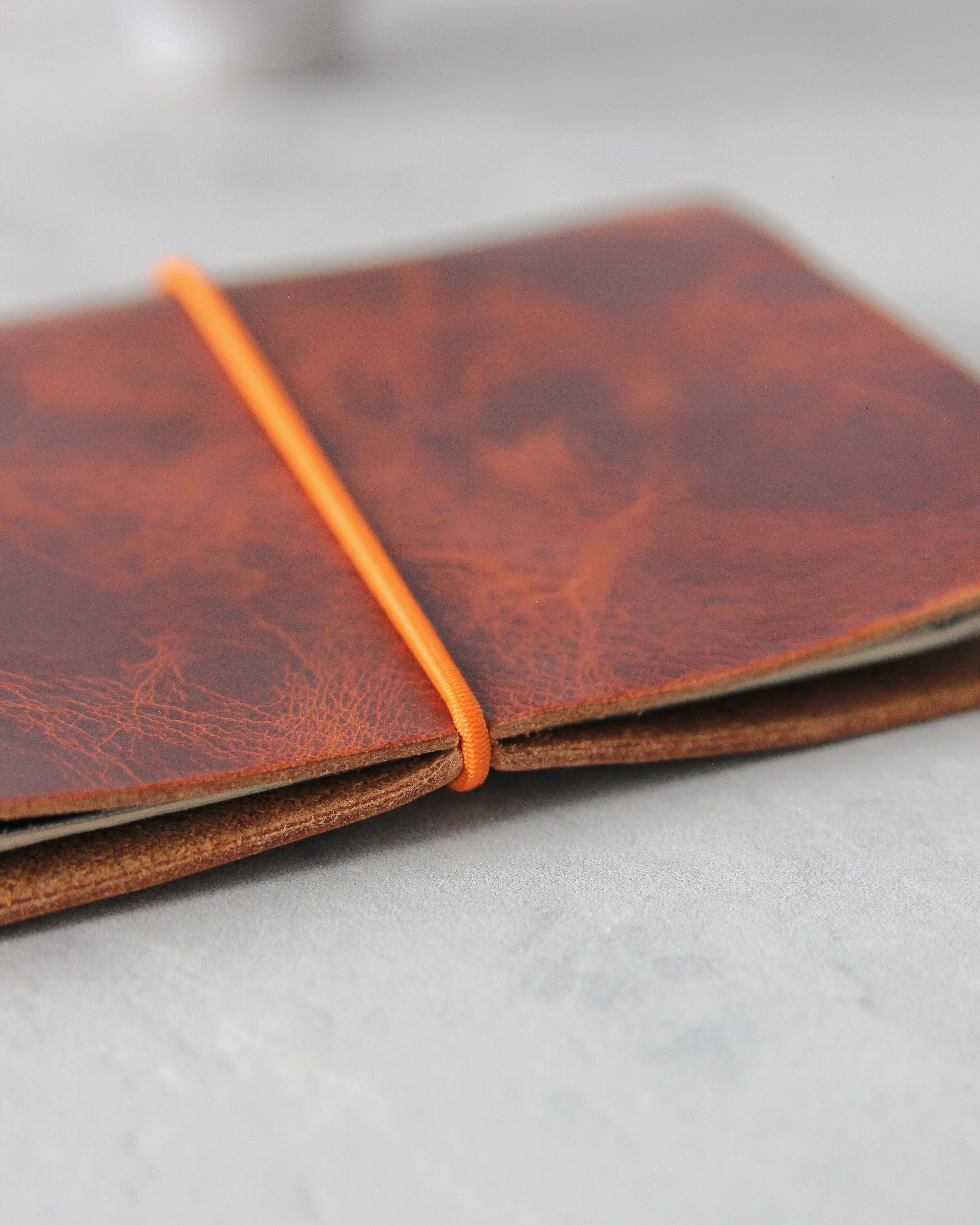 Leather Passport Cover, Cognac and Orange, Detail View