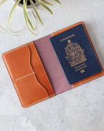 Charger l'image dans la galerie, Leather Passport Cover, Purple and Tan, Top view
