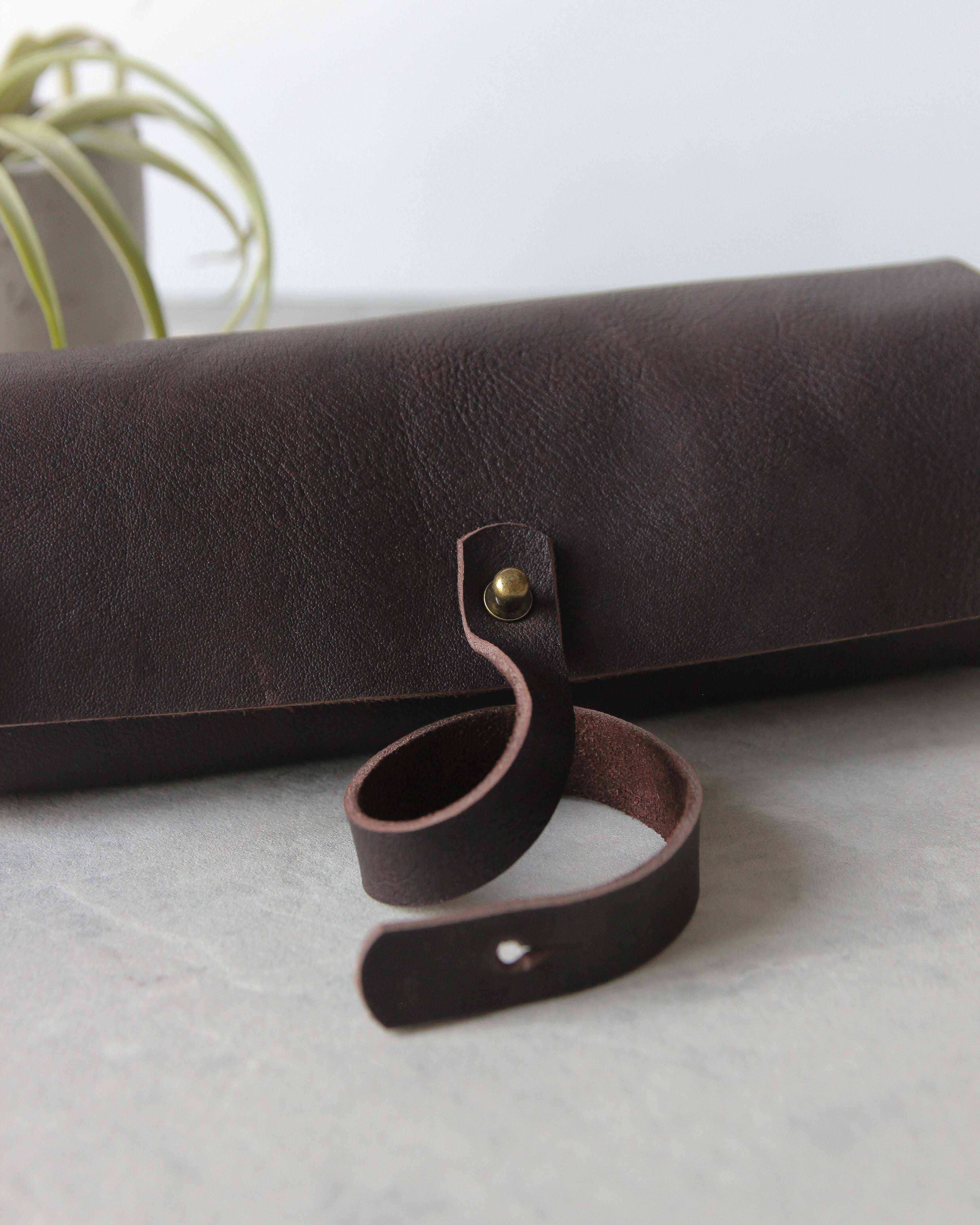 Leather Pencil Case, Brown, Closure View