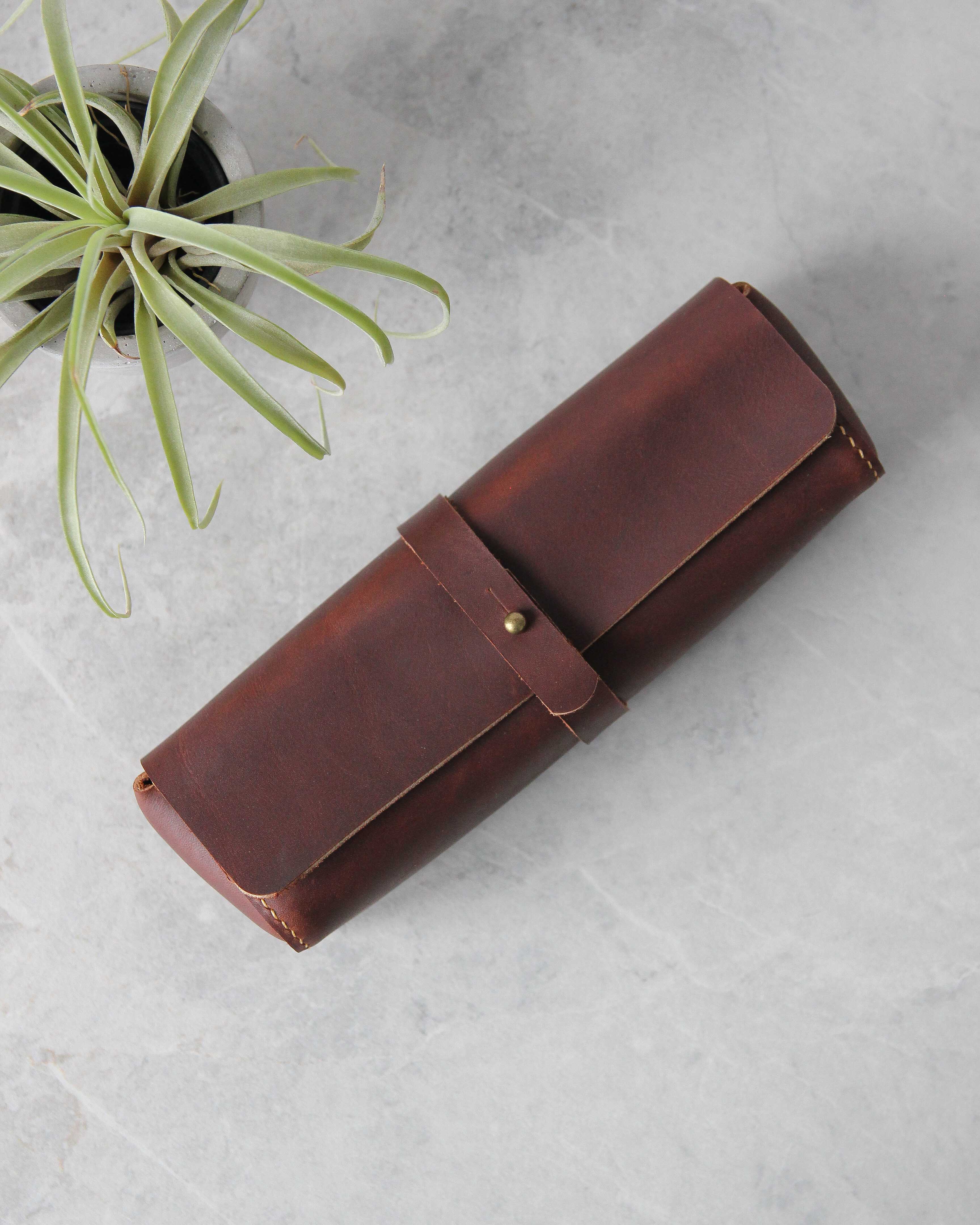 Leather Pencil Case, Brown, Top View