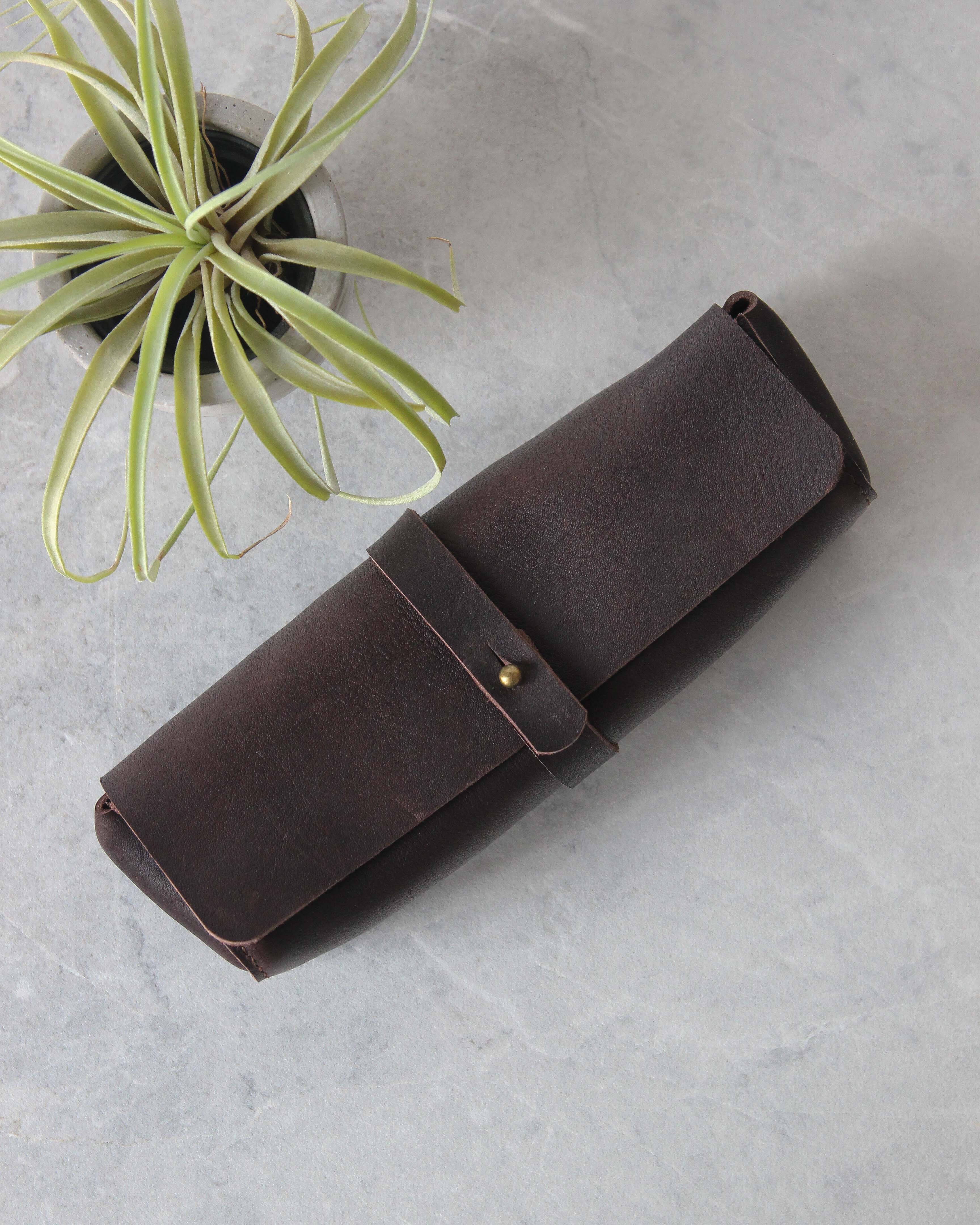 Leather Pencil Case, Brown, Top View