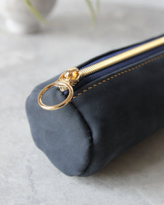 Leather Pencil Case, Zipper, Blue, End View