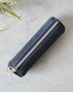 Leather Pencil Case, Zipper, Blue, Top View